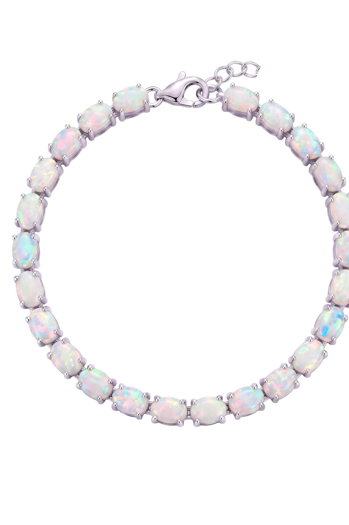 Front view of White Opal Tennis Bracelet Silver, showing cat design, silver finish.