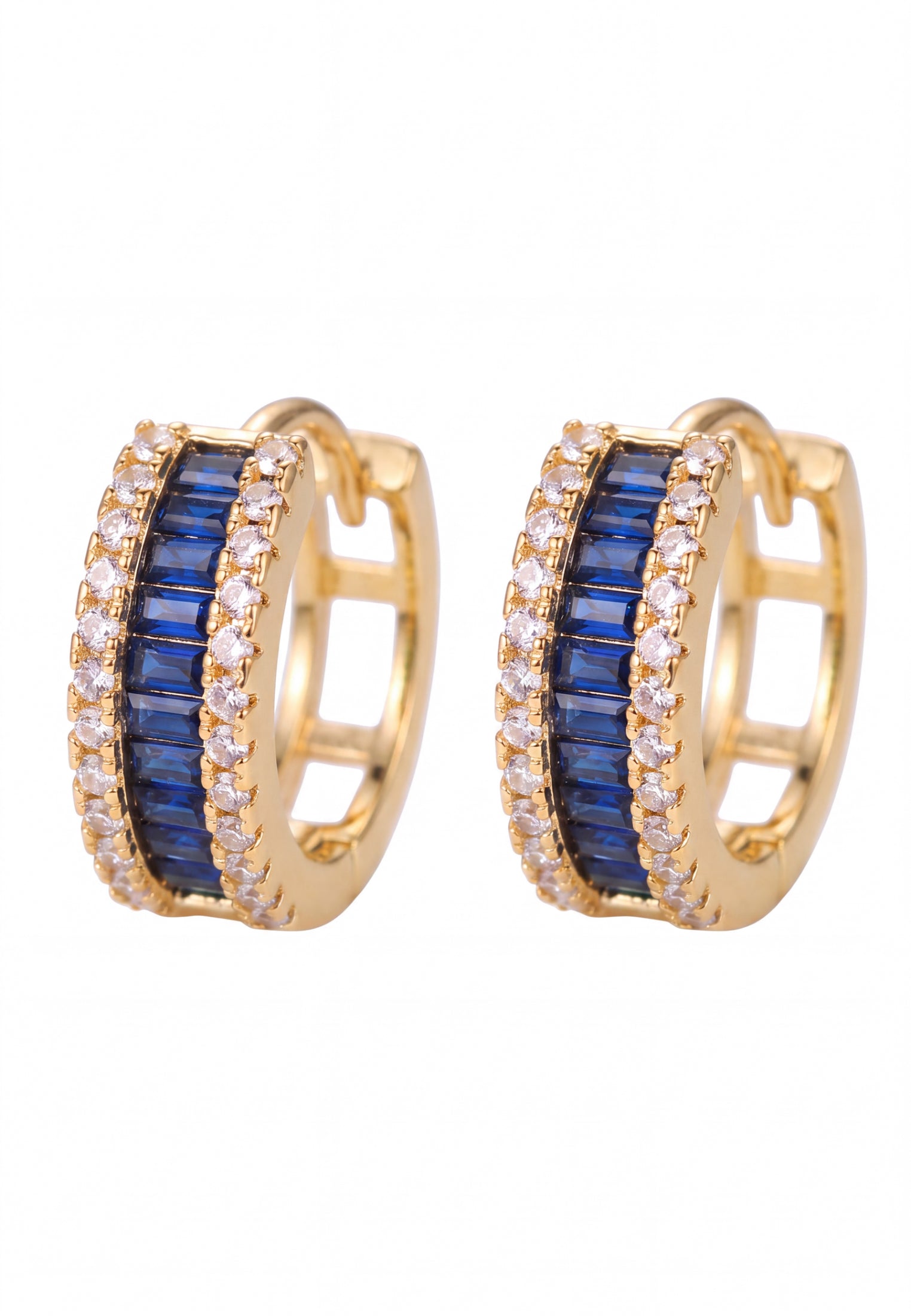Baguette Huggie Hoop Earrings Sapphire Blue Gold