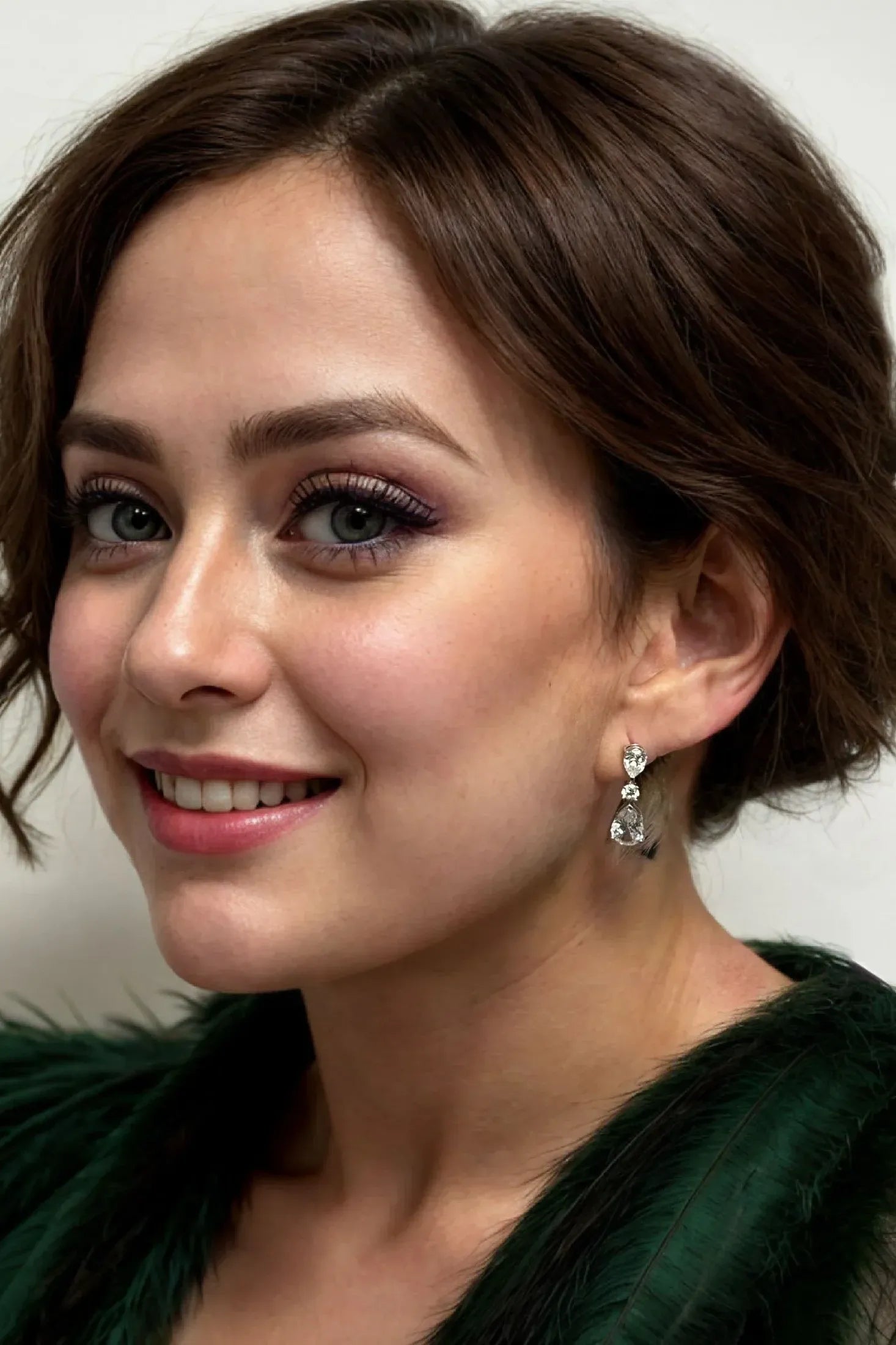 The earring worn by a model.