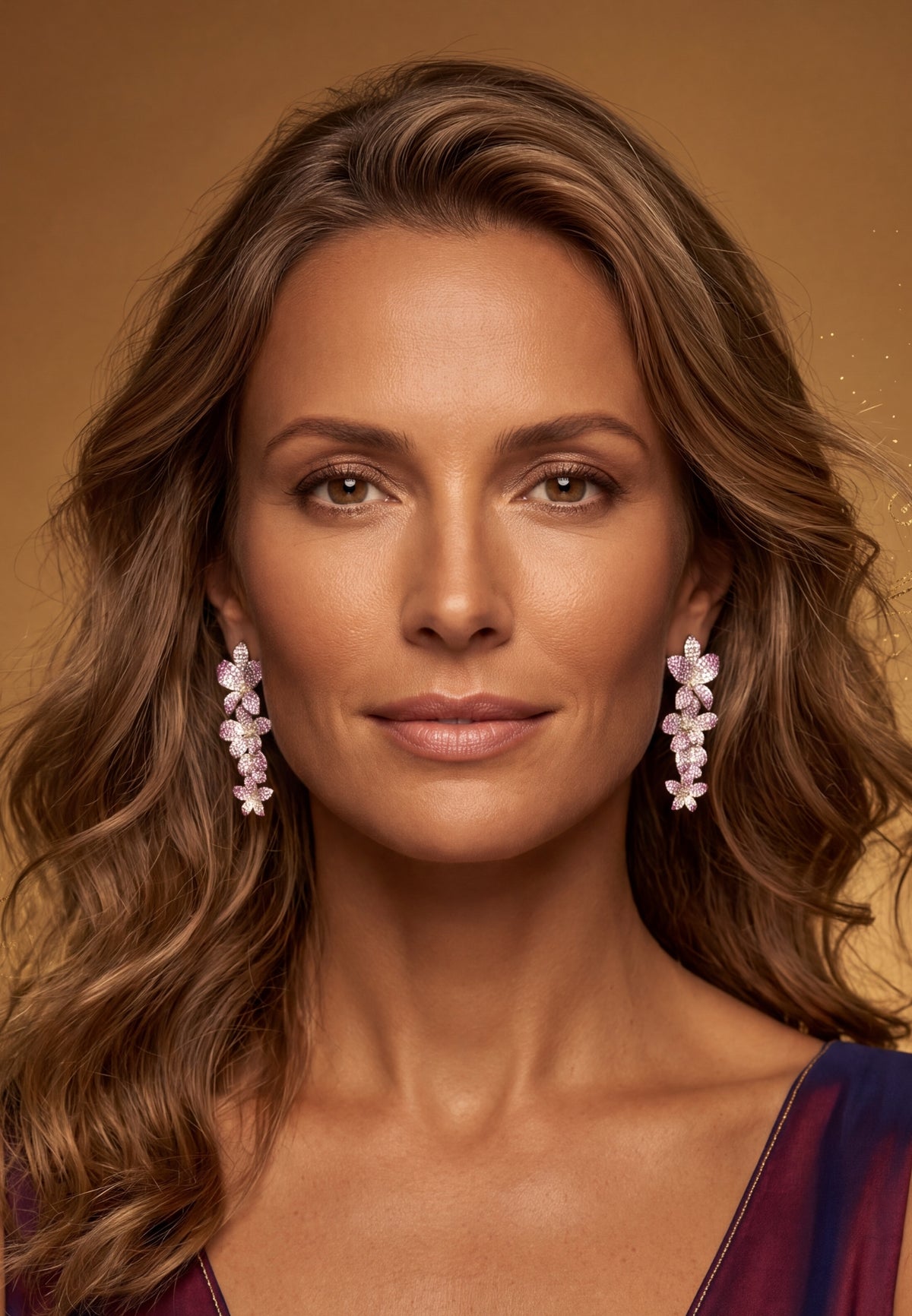 Woman wearing elegant pink gemstone drop earrings for a sophisticated jewelry look.