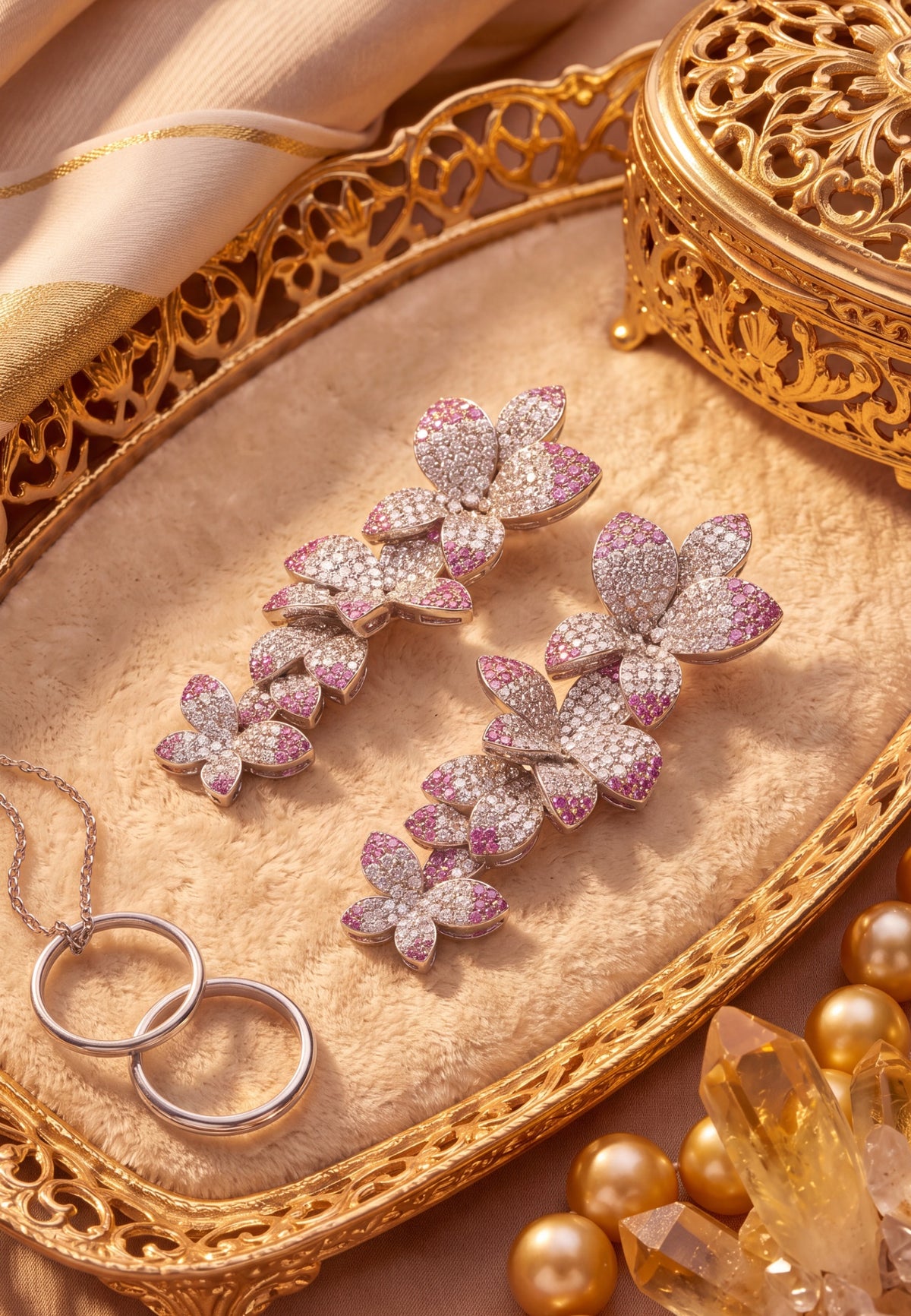 Handmade floral diamond earrings and silver interlocking ring on a gold tray.
