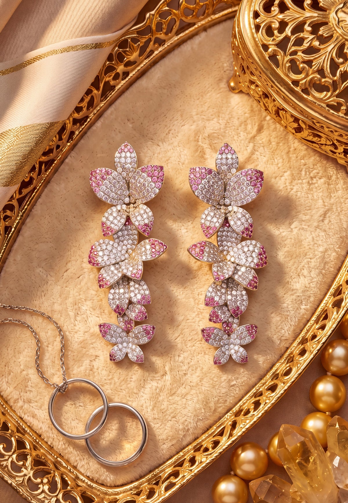 Elegant pink and silver leaf-shaped drop earrings on a gold decorative tray.