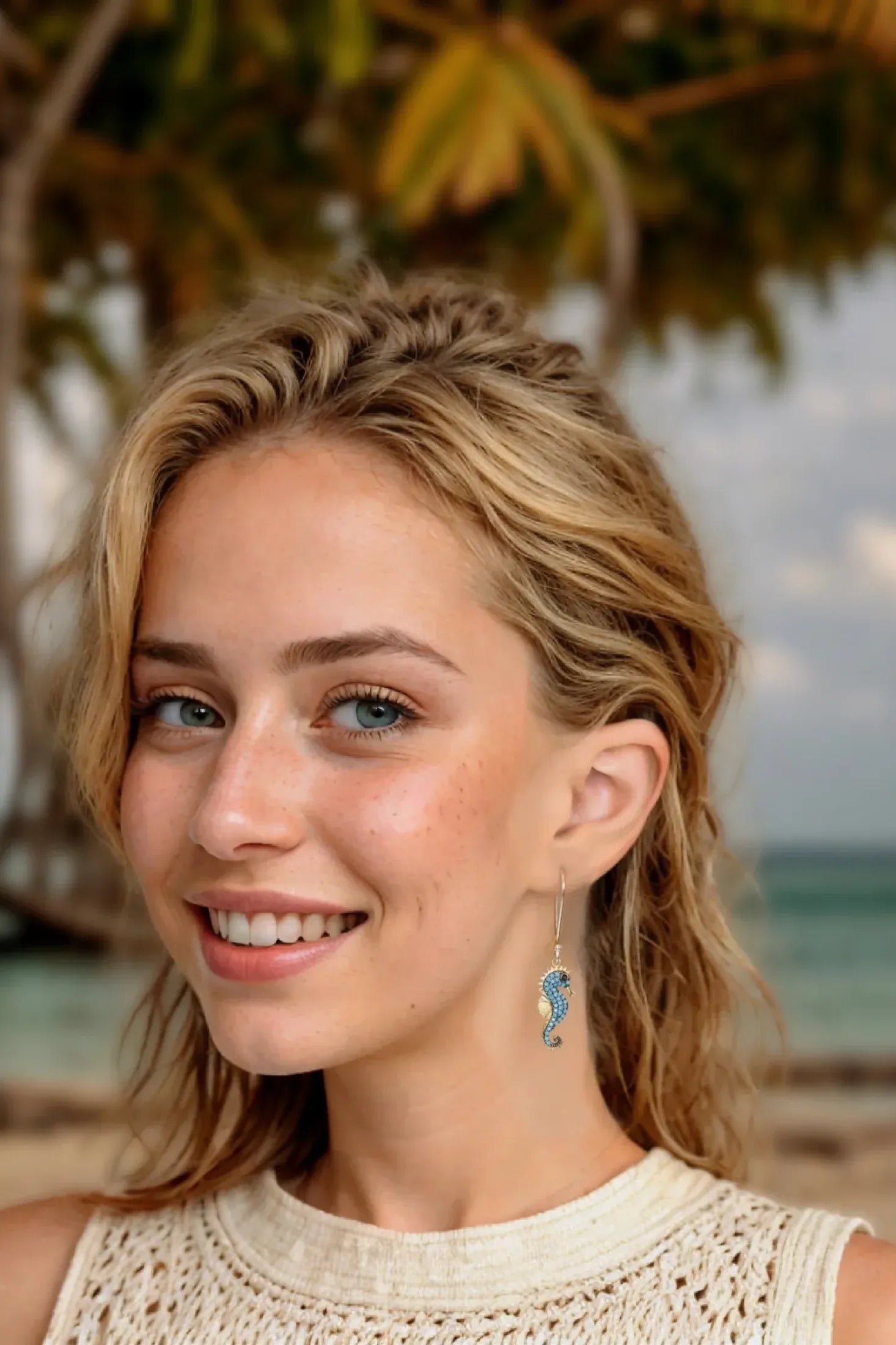 The earring worn by a model.