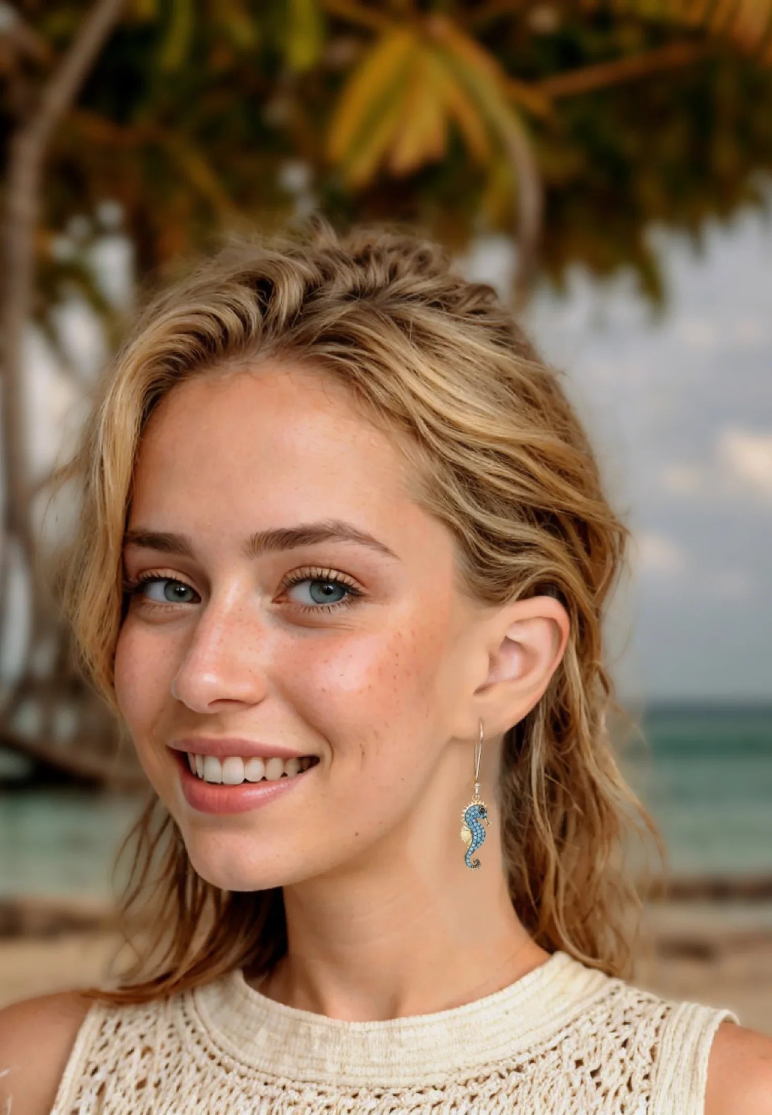 The earring worn by a model.