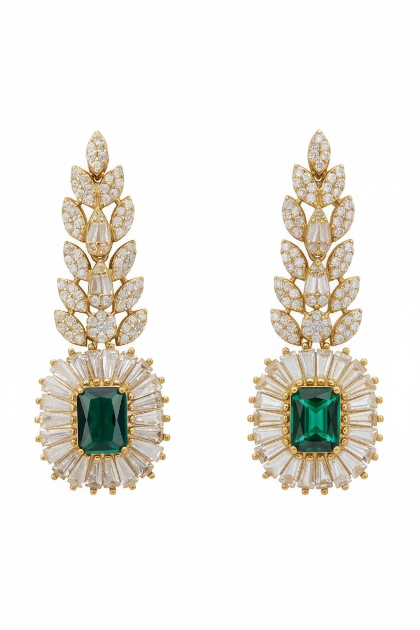 18k gold plated floral drop earrings with an emerald centerpiece and simulated diamonds.