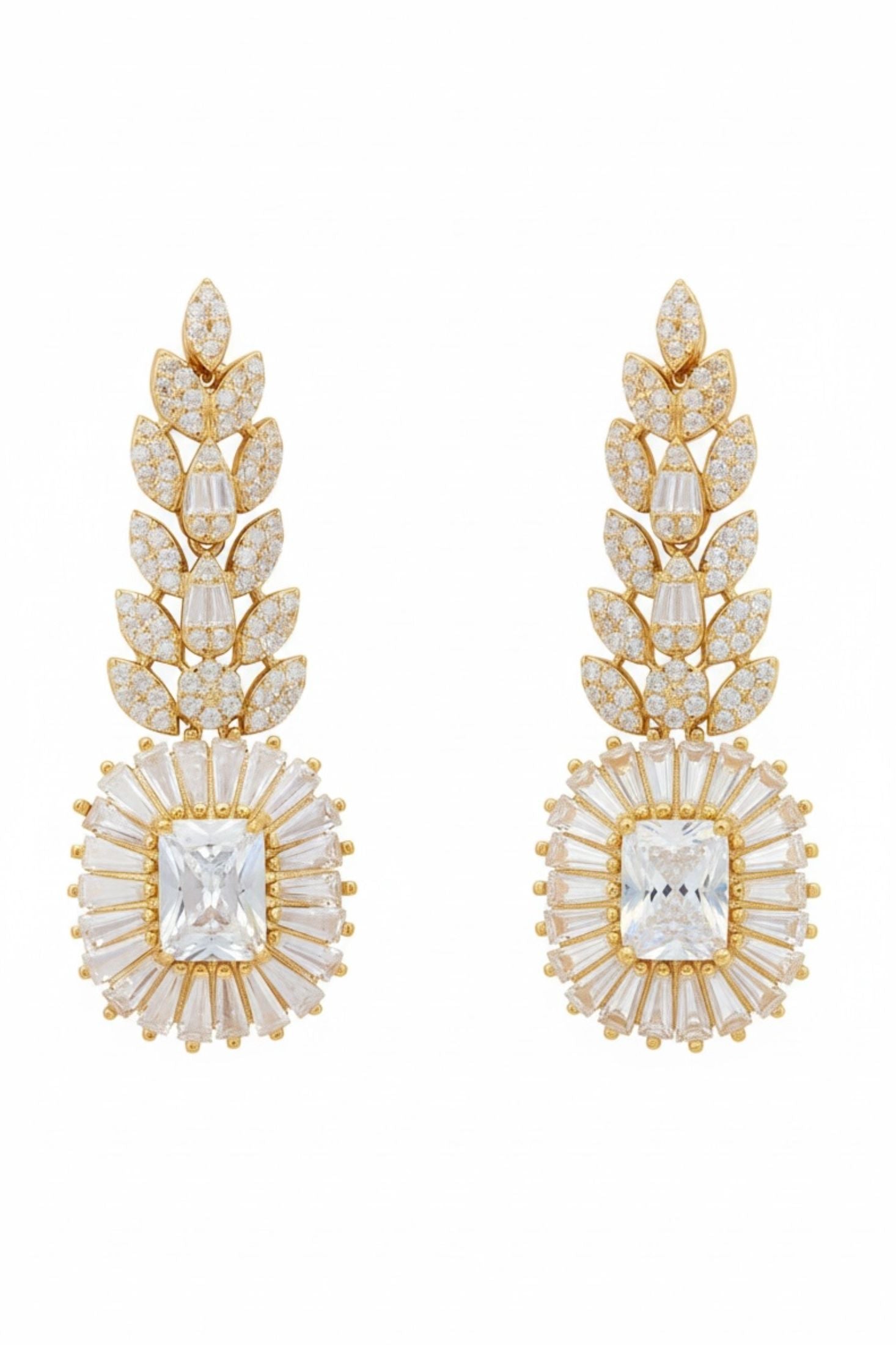 18k gold plated floral drop earrings with a moissanite centerpiece and simulated diamonds.