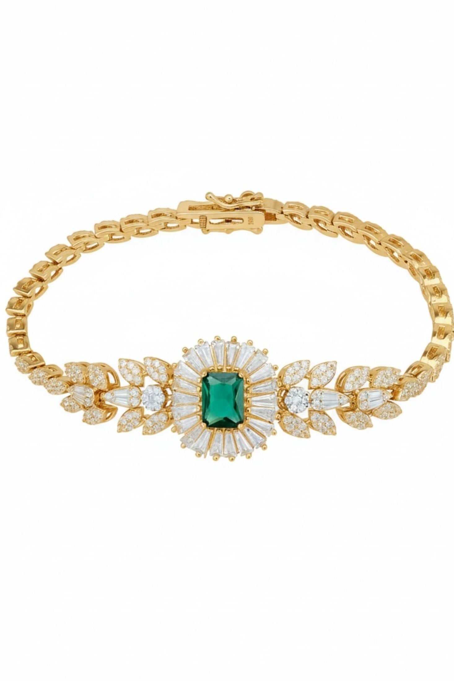 18k gold plated floral bracelet with an emerald centerpiece and simulated diamonds.