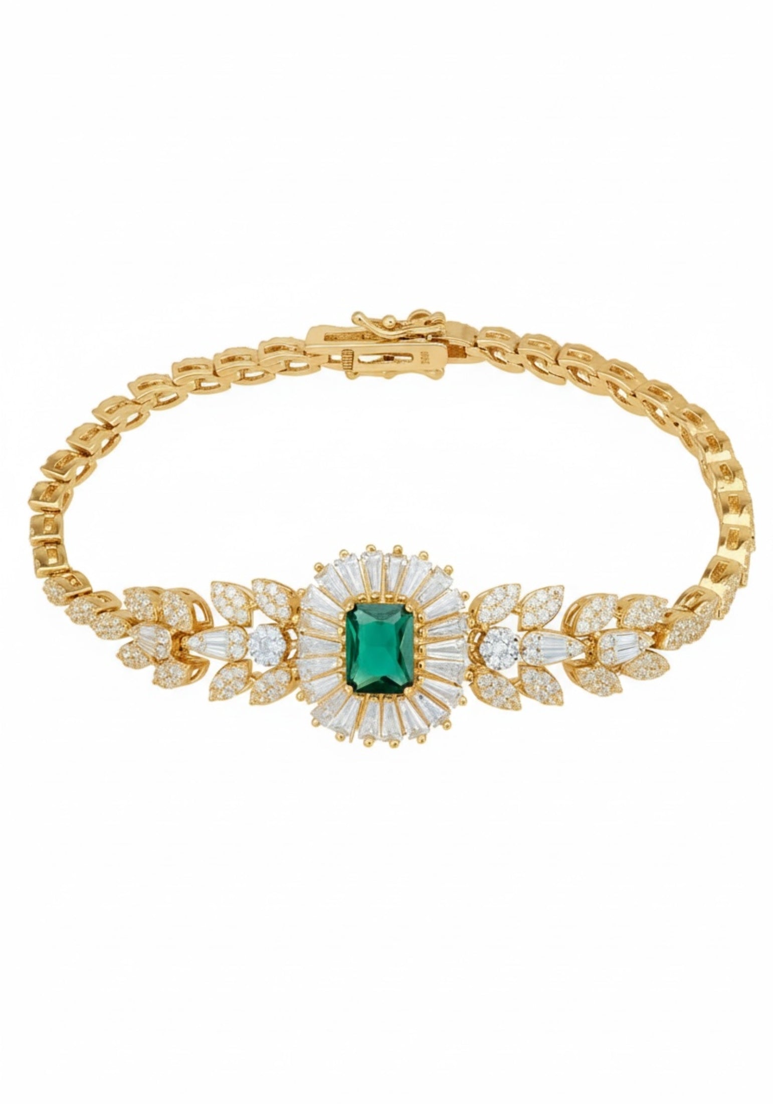 18k gold plated floral bracelet with an emerald centerpiece and simulated diamonds.