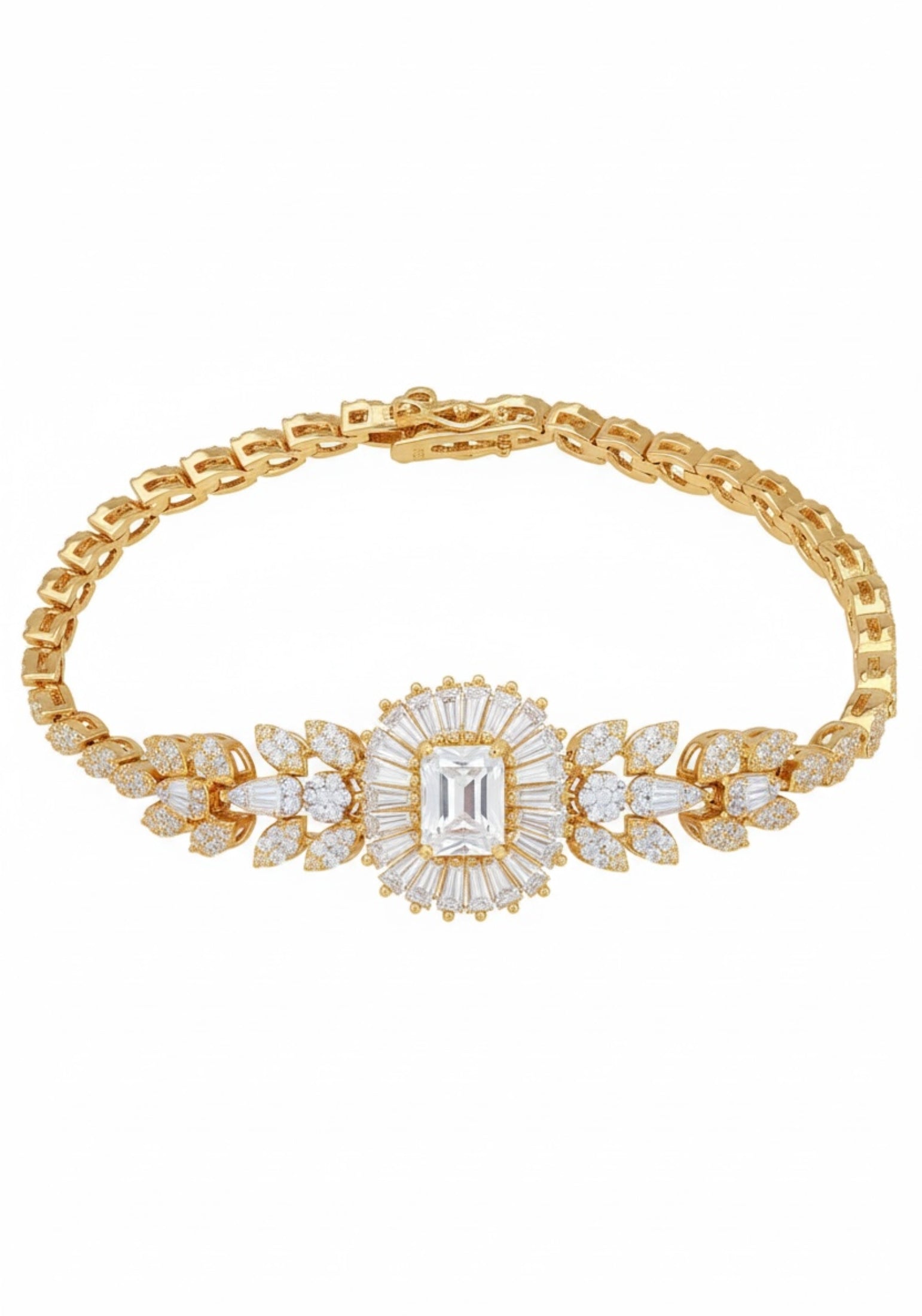 18k gold plated floral bracelet with a moissanite centerpiece and simulated diamonds.
