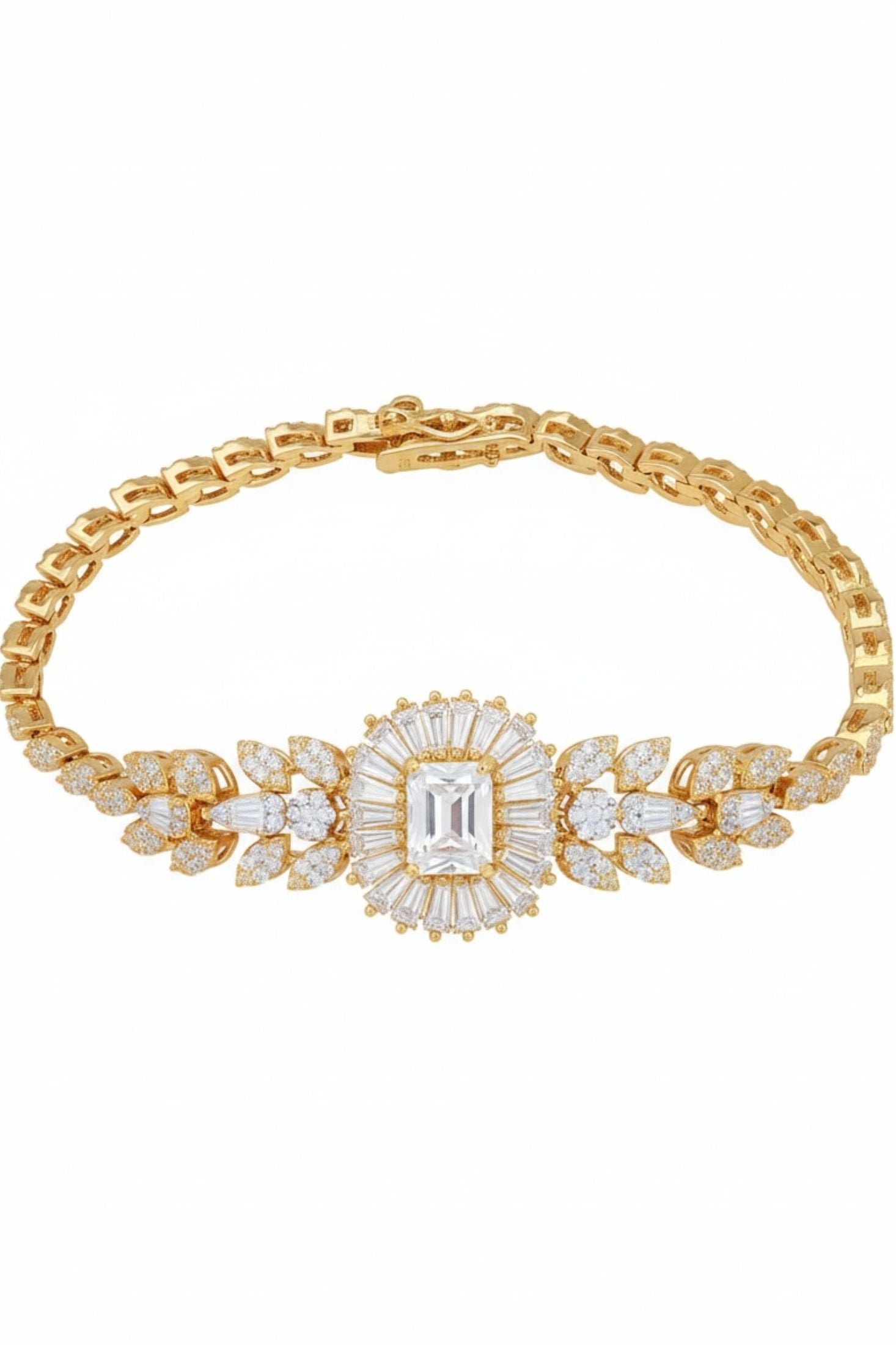18k gold plated floral bracelet with a moissanite centerpiece and simulated diamonds.