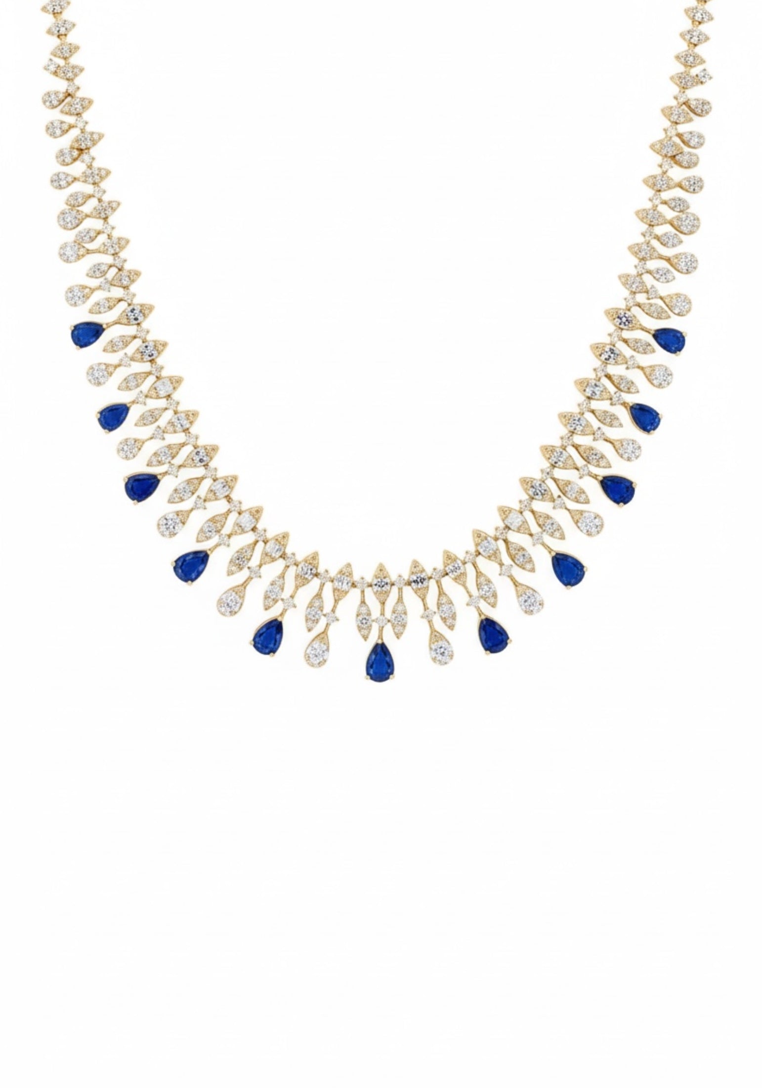 Necklace with blue and clear gemstones on a white background