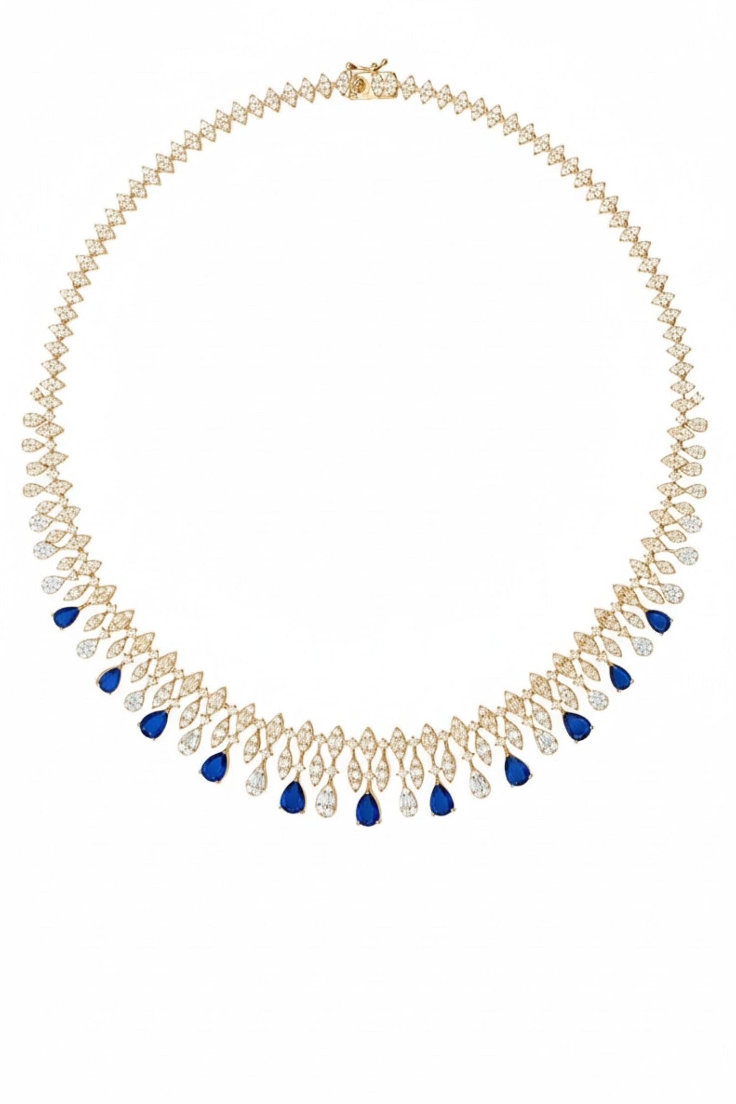 Necklace with clear and blue gemstone drops on a white background