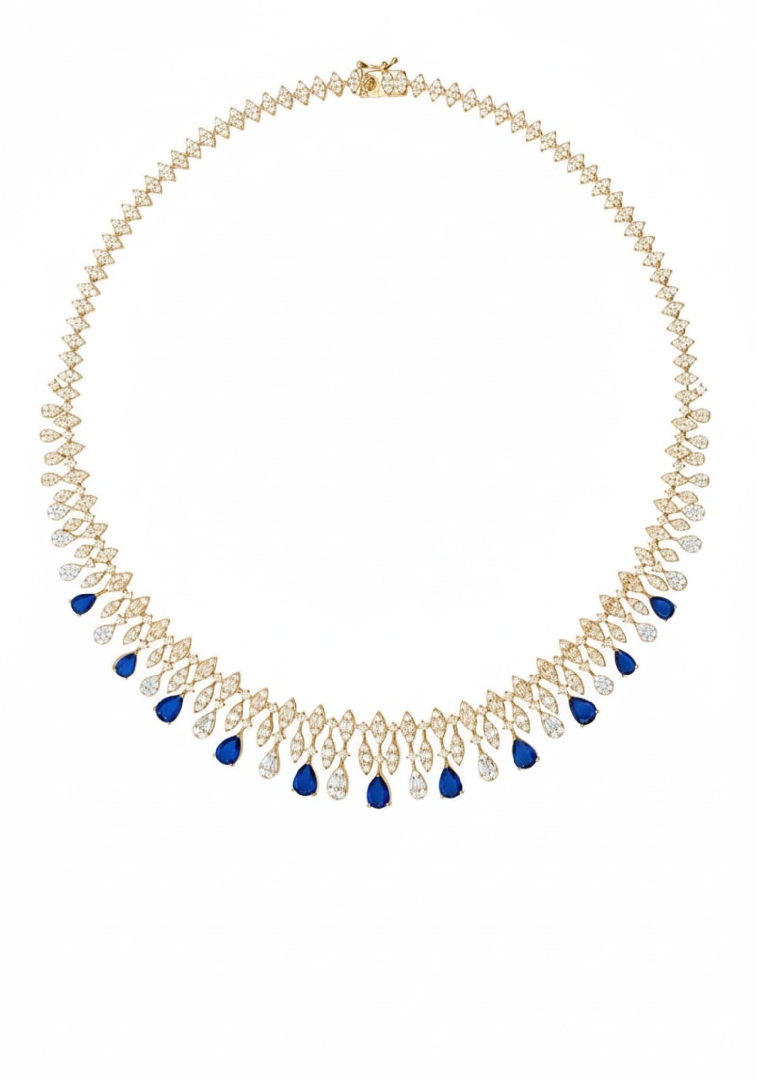 Necklace with clear and blue gemstone drops on a white background