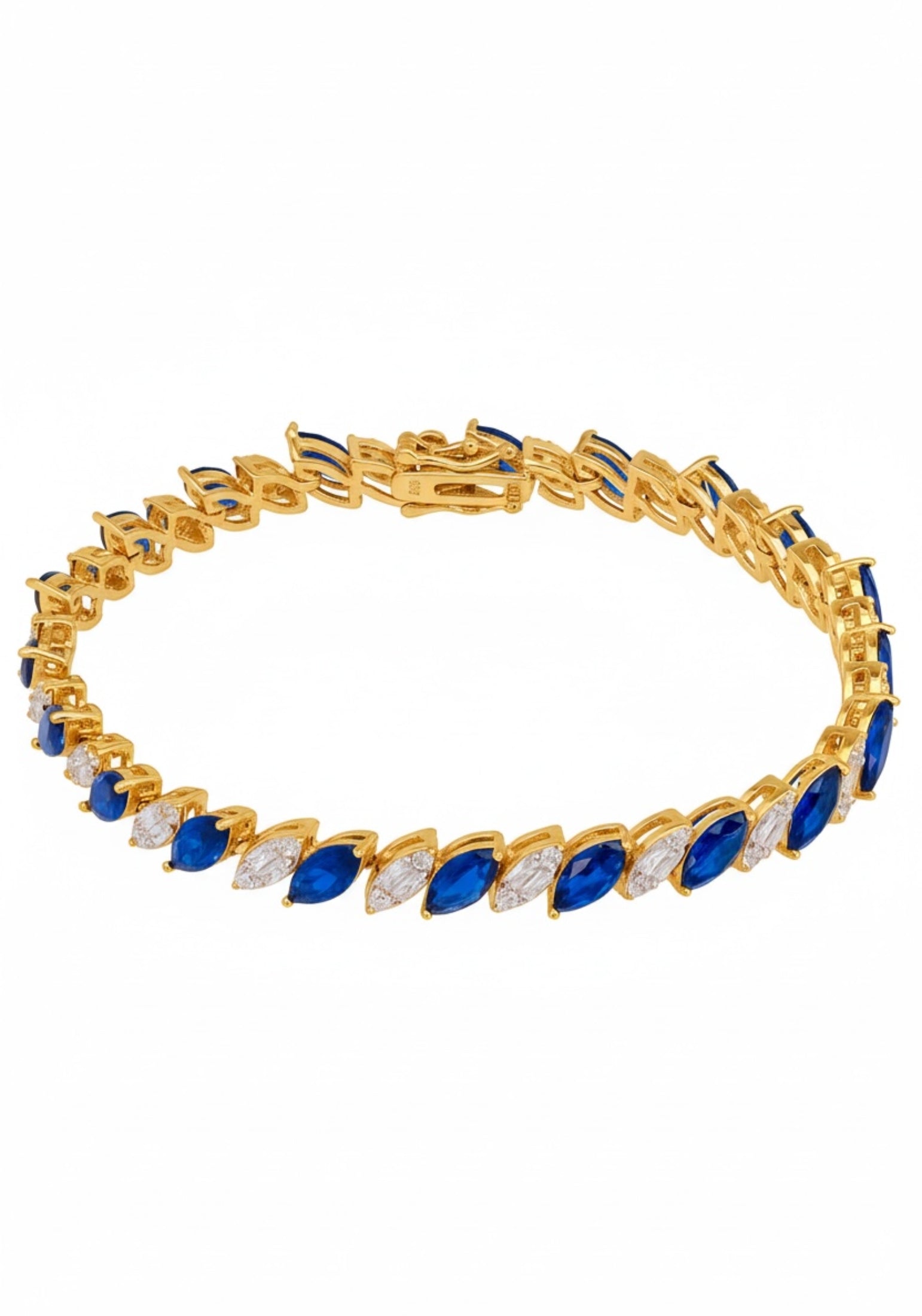 18k gold plated marquise cut tennis bracelet with alternating sapphires and simulated diamonds.