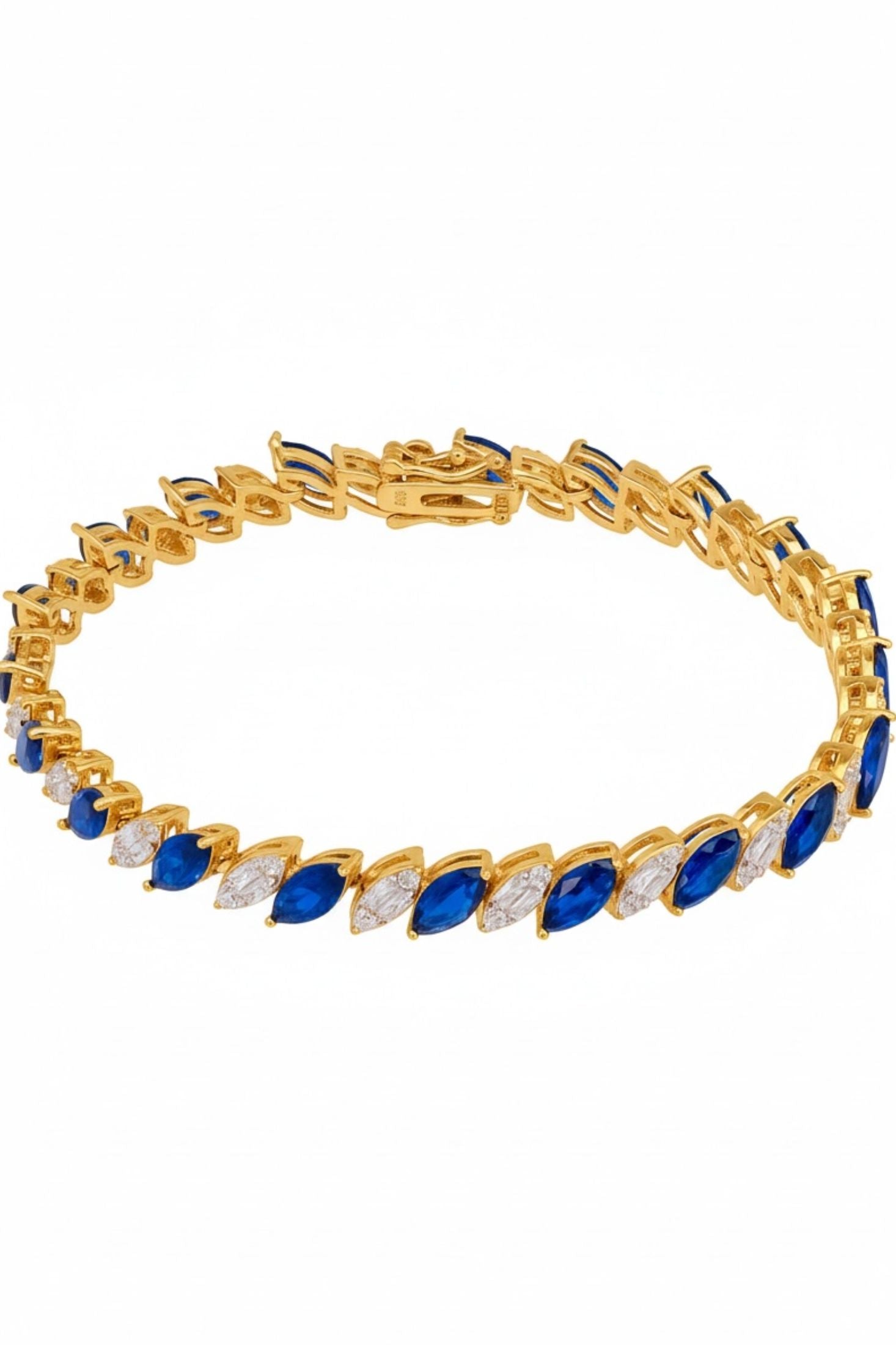 18k gold plated marquise cut tennis bracelet with alternating sapphires and simulated diamonds.