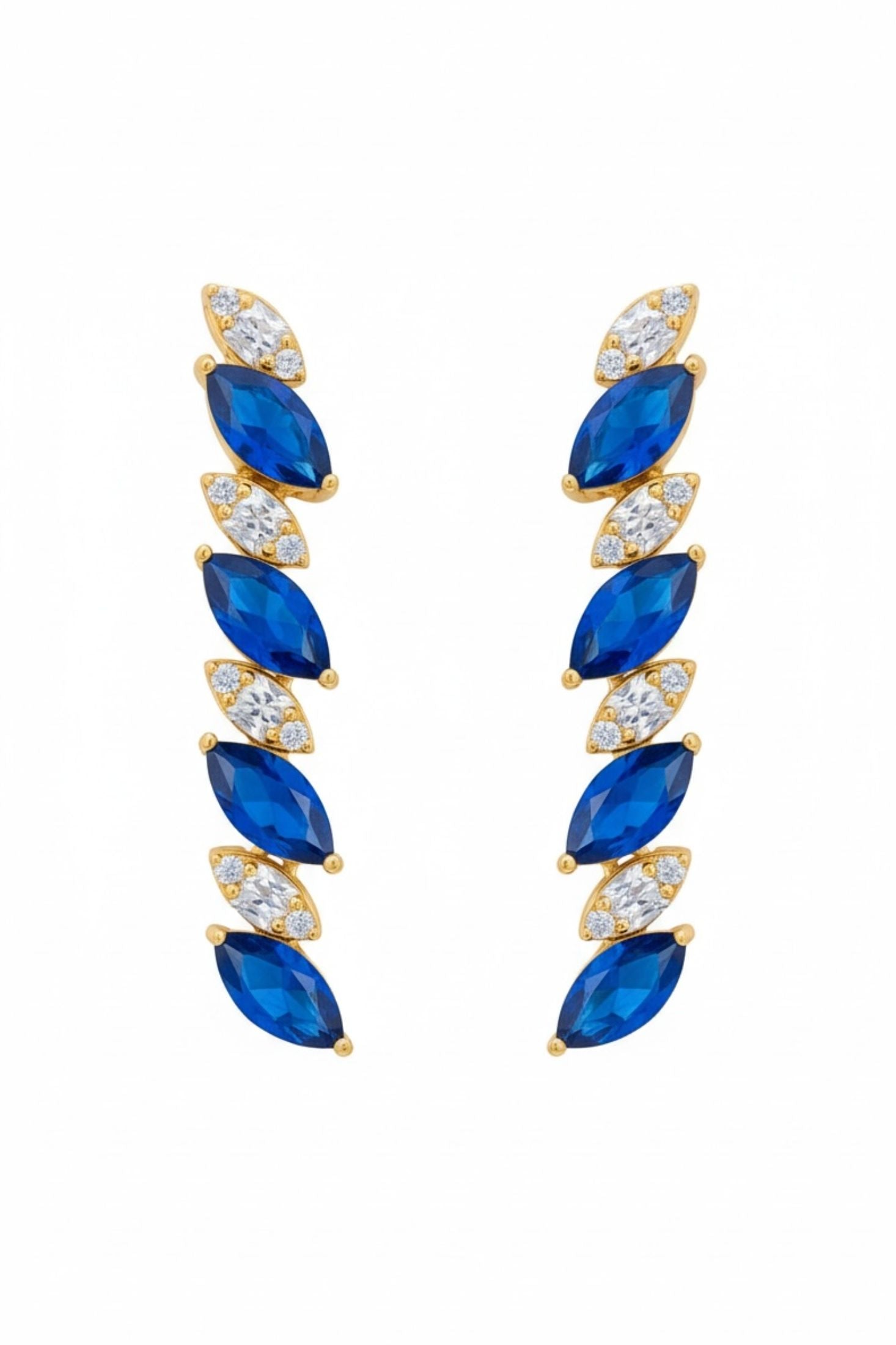 18k gold plated marquise cut tennis drop earrings with alternating sapphires and simulated diamonds.
