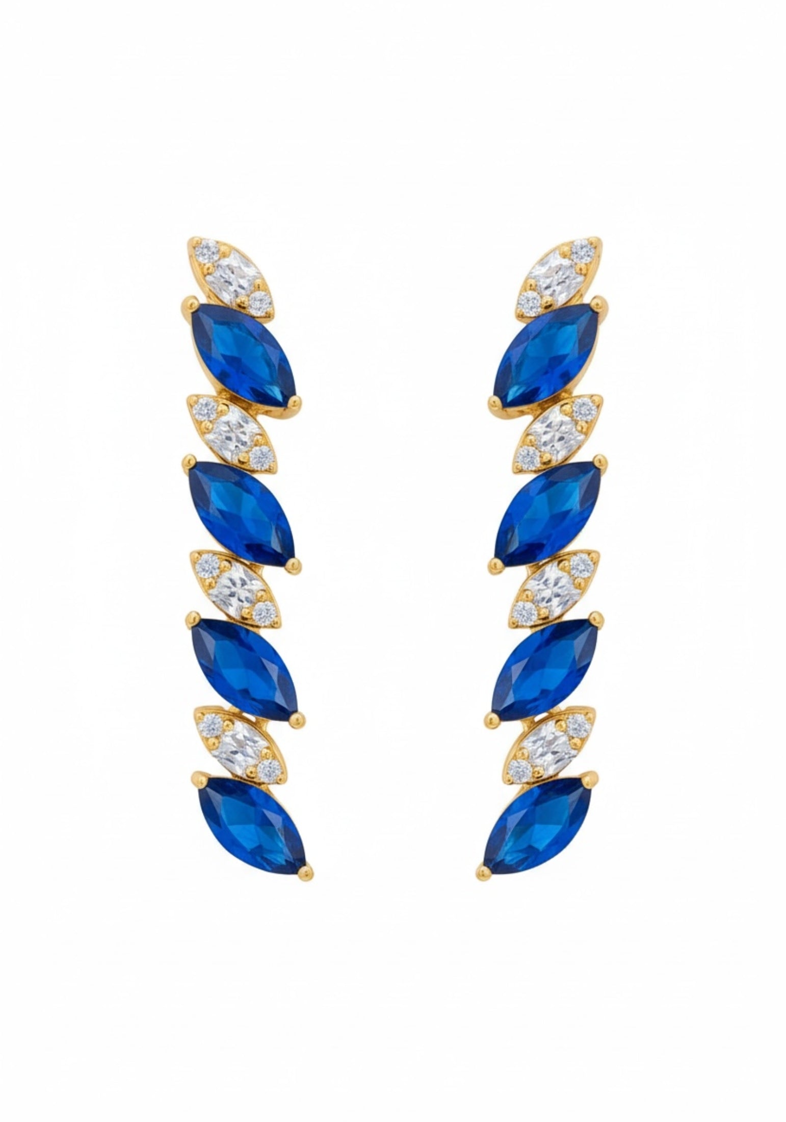 18k gold plated marquise cut tennis drop earrings with alternating sapphires and simulated diamonds.