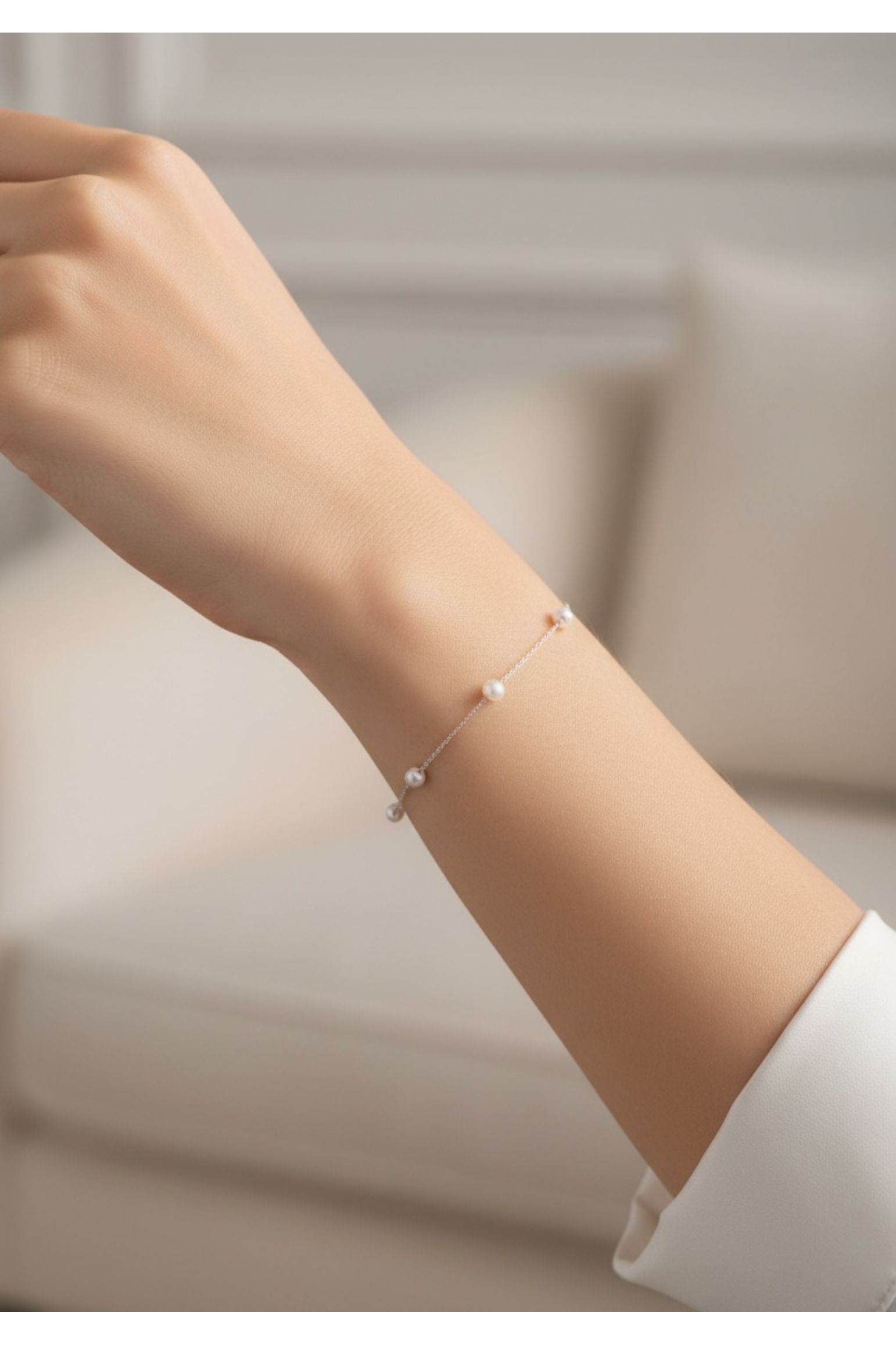 Solid 14k White Gold Natural Spaced Pearl Bracelet