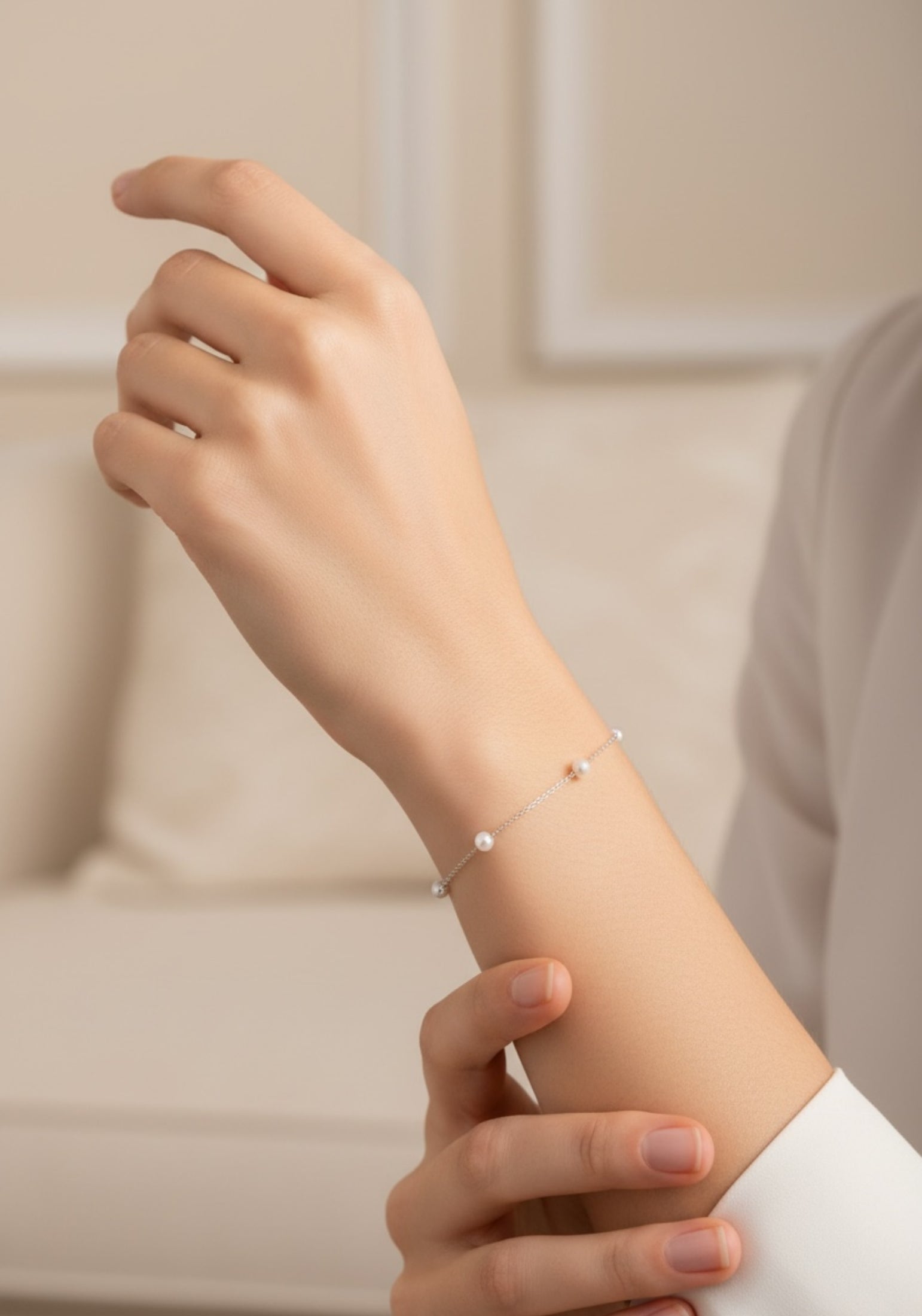 Solid 14k White Gold Natural Spaced Pearl Bracelet