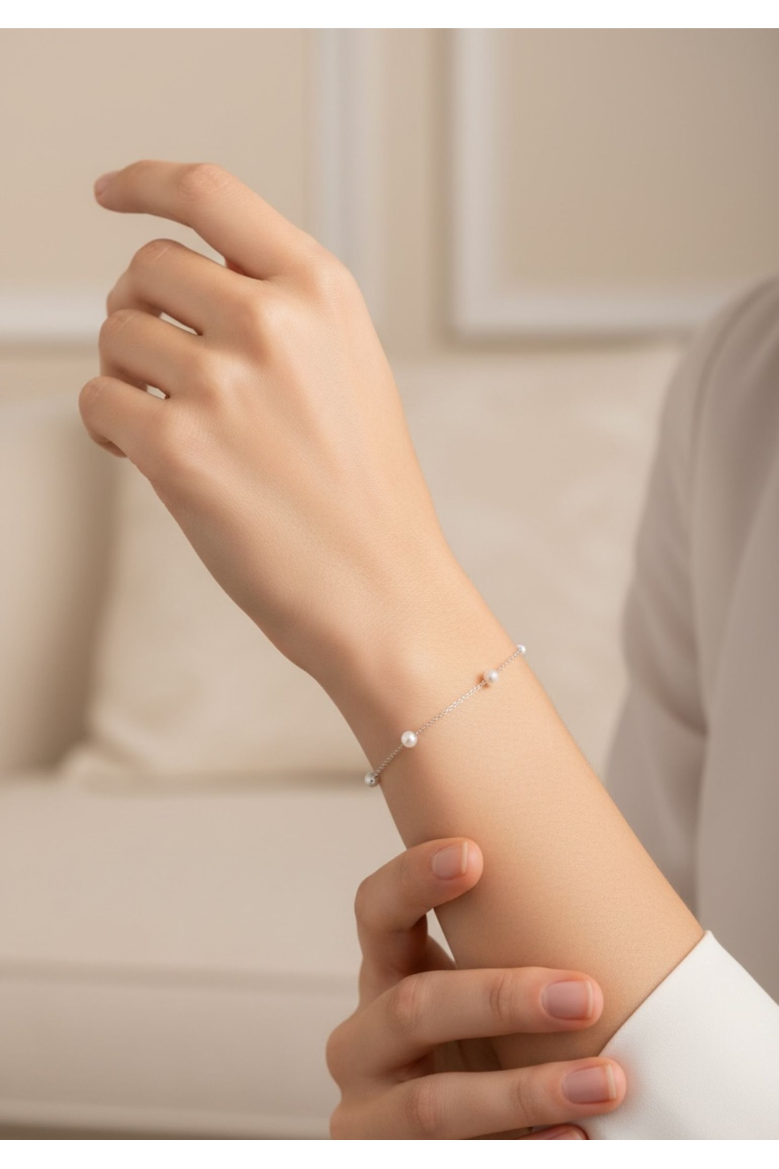 Solid 14k White Gold Natural Spaced Pearl Bracelet