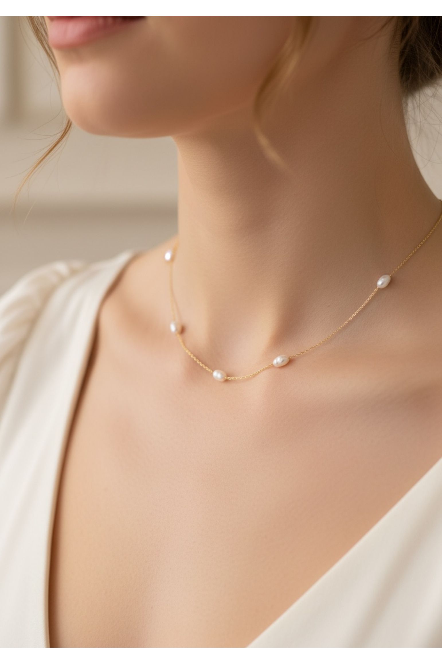 Solid 14k Gold Natural Spaced Pearl Necklace