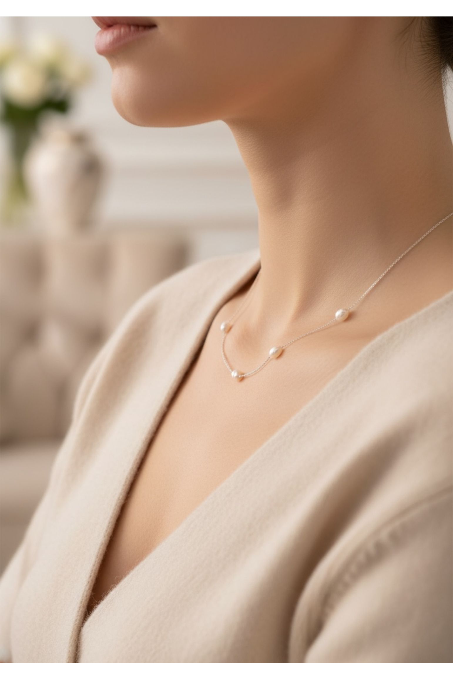 Solid 14k White Gold Natural Spaced Pearl Necklace