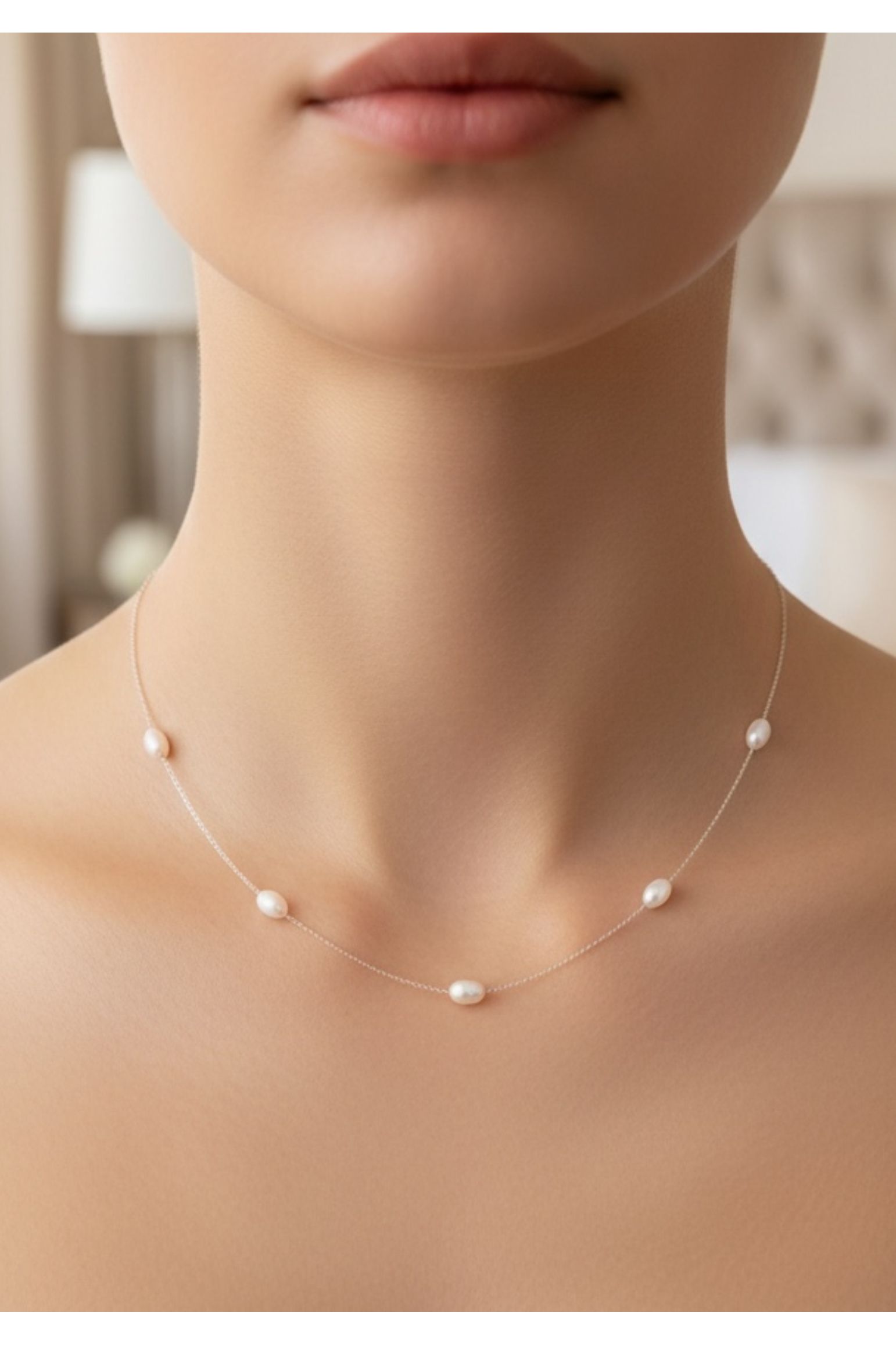 Solid 14k White Gold Natural Spaced Pearl Necklace
