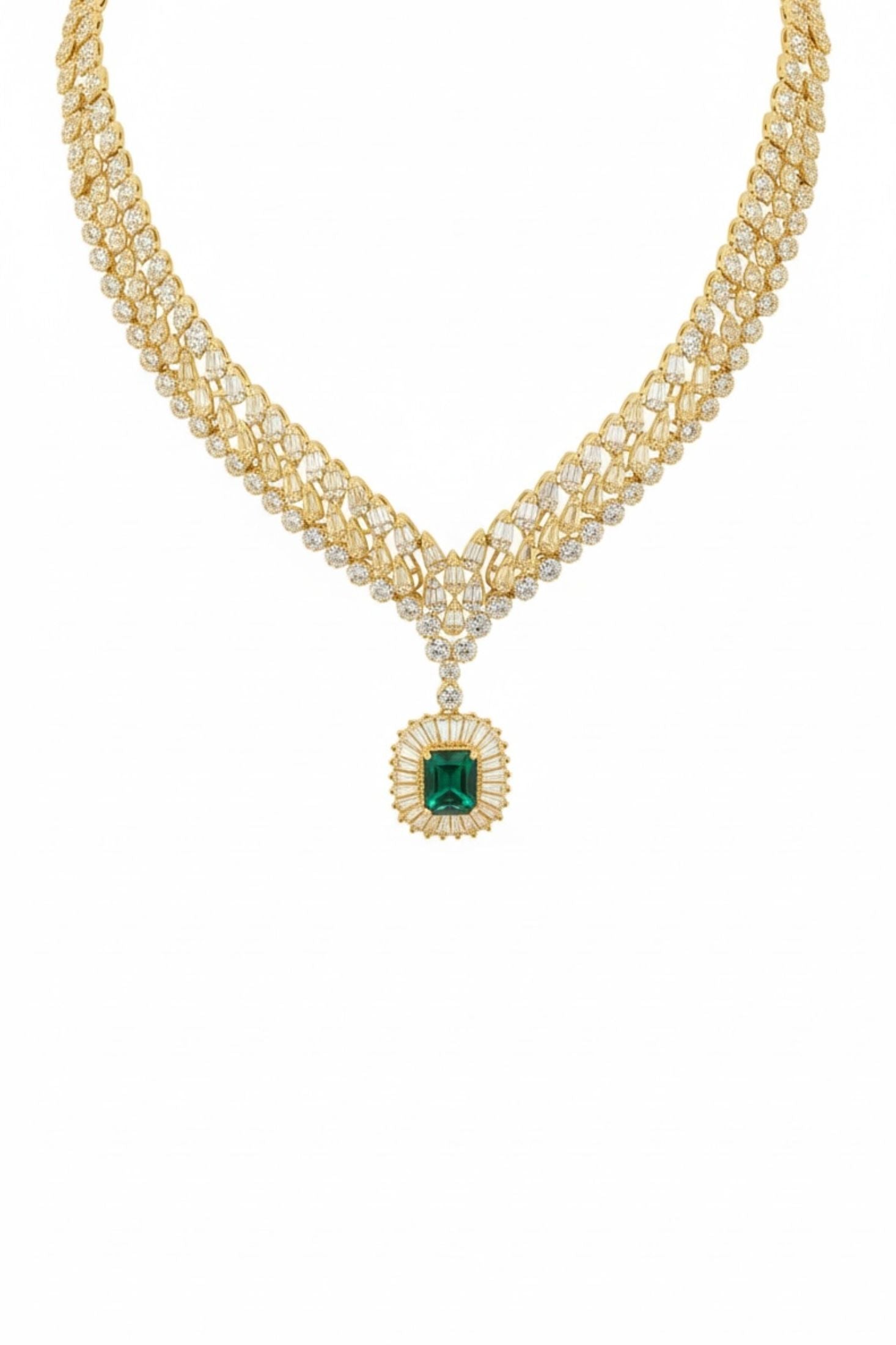 18k gold plated necklace with an emerald centerpiece and simulated diamonds.