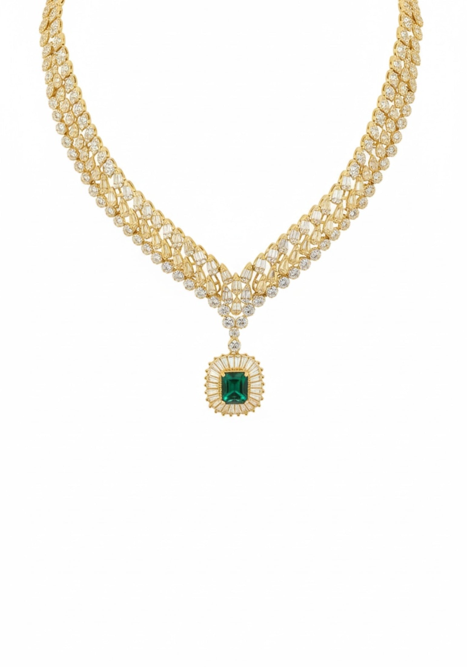 18k gold plated necklace with an emerald centerpiece and simulated diamonds.