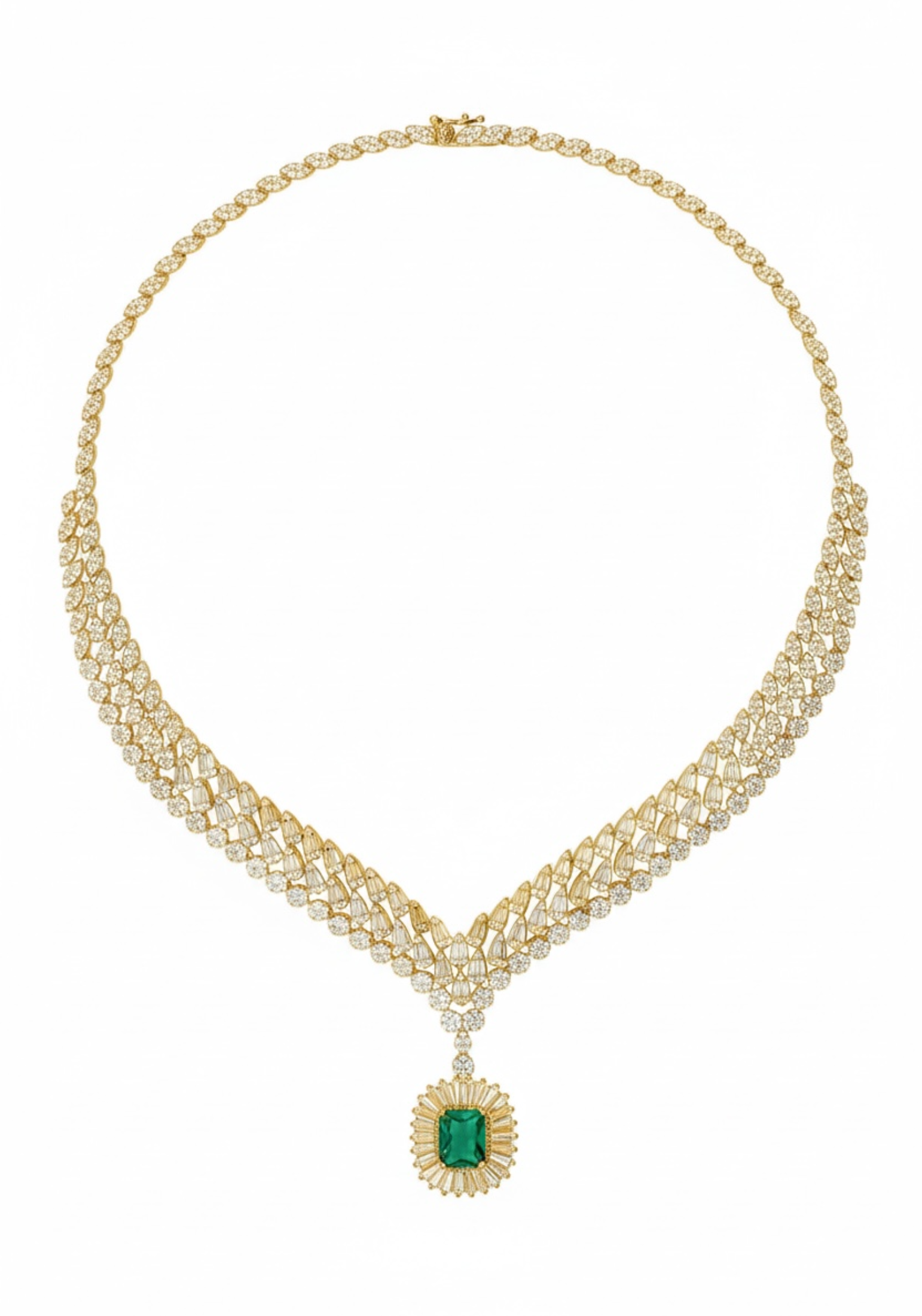 Full view showing the open box clasp and the chain of simulated diamonds leading up to it.
