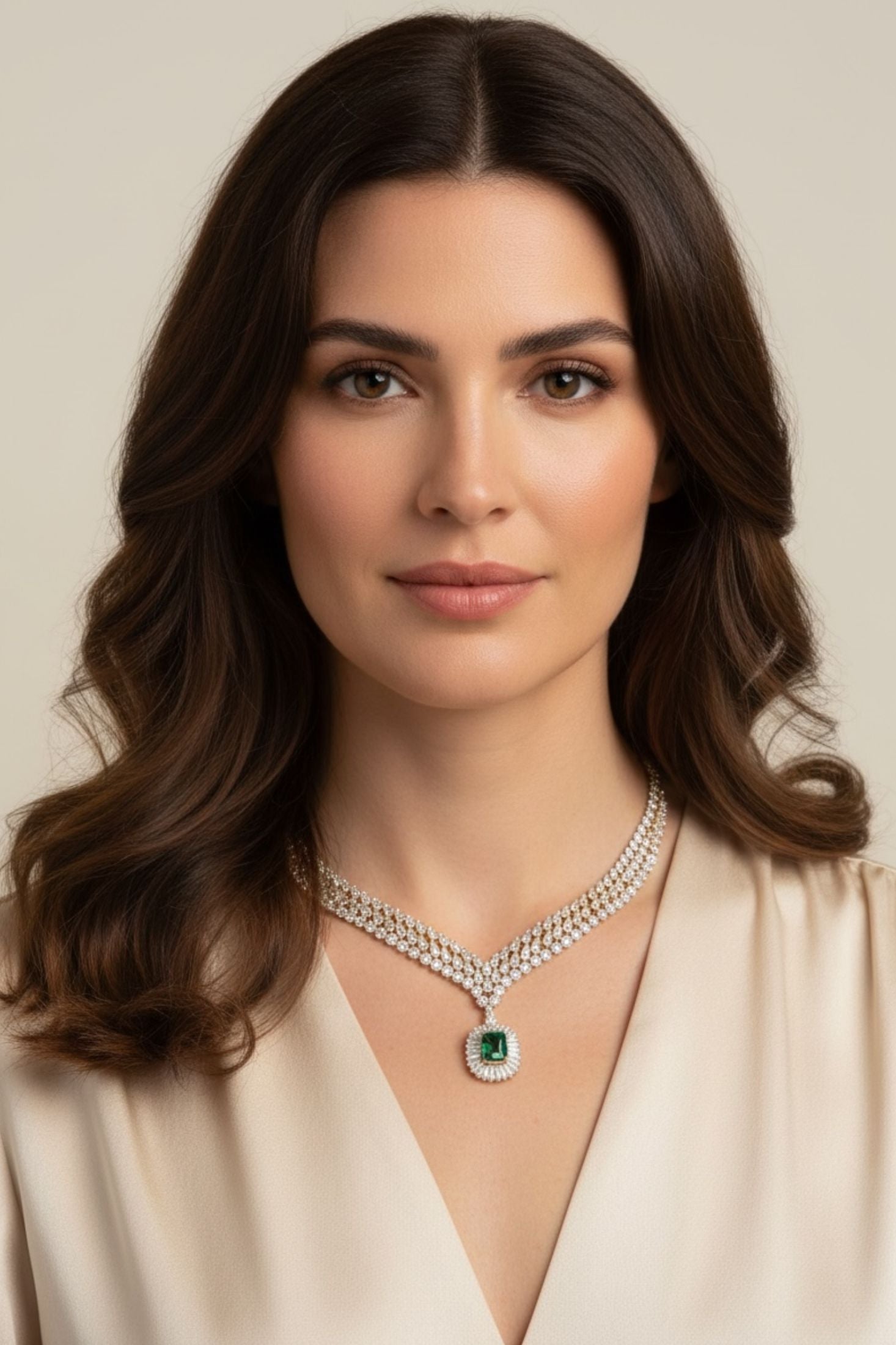 Silver statement necklace with an emerald at the centre worn by a model