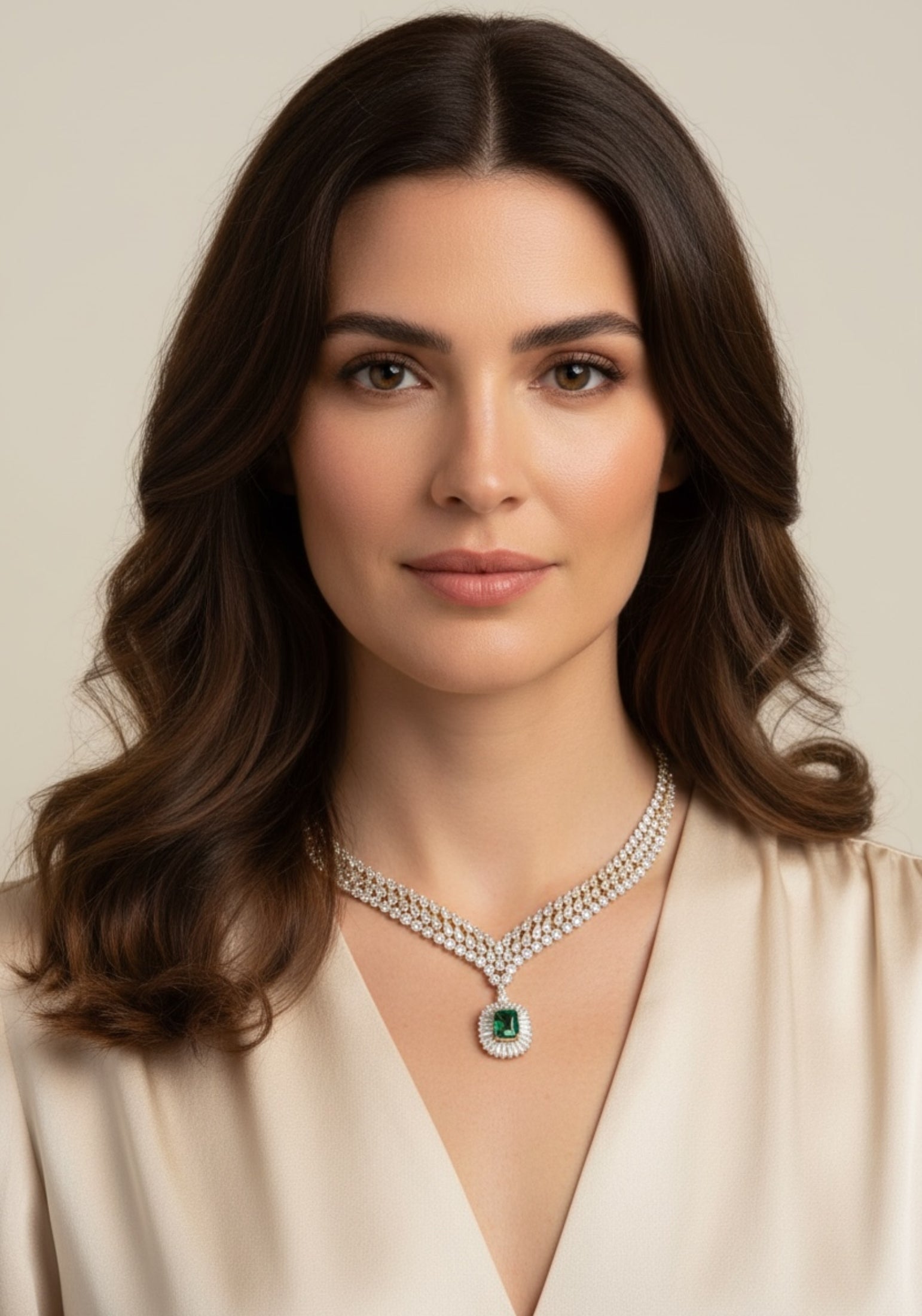 Silver statement necklace with an emerald at the centre worn by a model