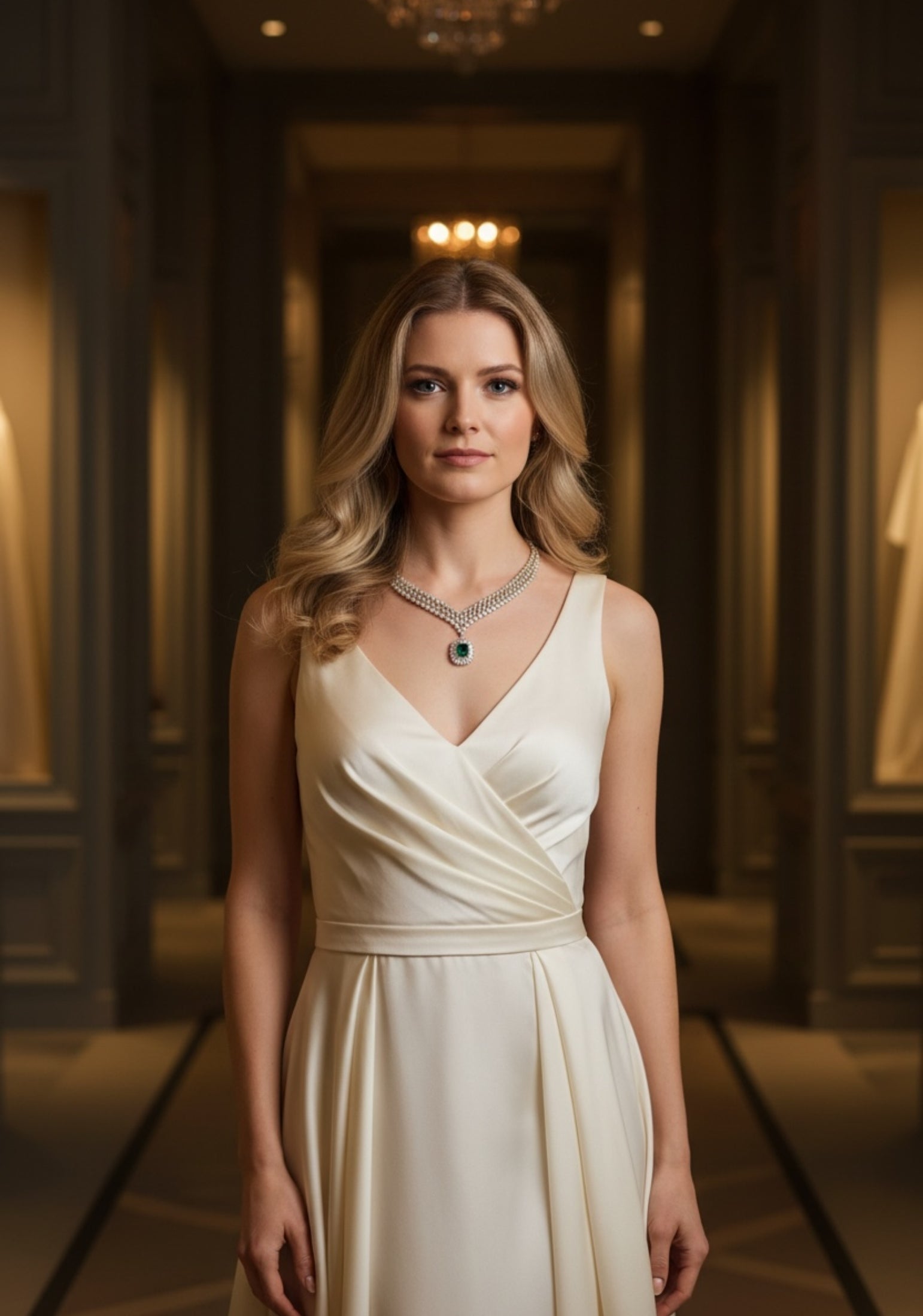 Woman in a white dress wearing silver necklace with an emerald stone standing in a dimly lit hallway