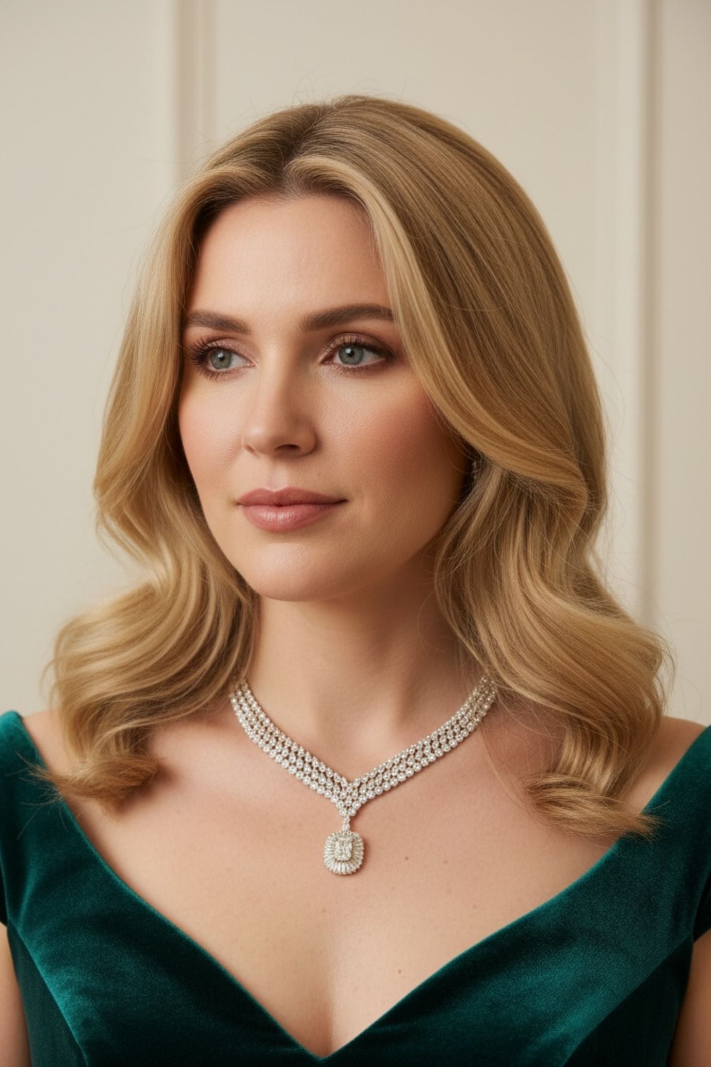 Silver statement necklace with a central clear gemstone worn by a model in a green dress