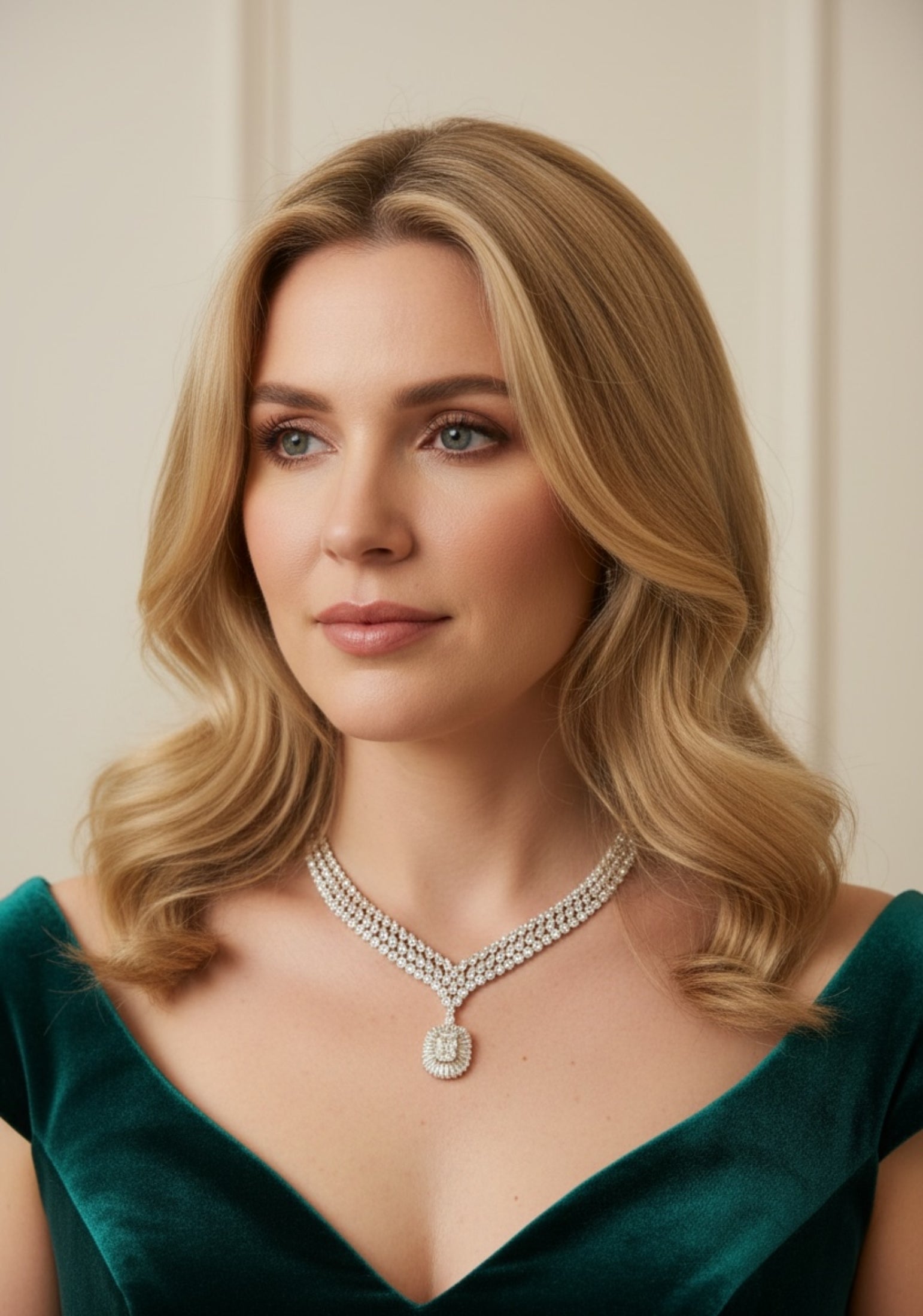 Silver statement necklace with a central clear gemstone worn by a model in a green dress
