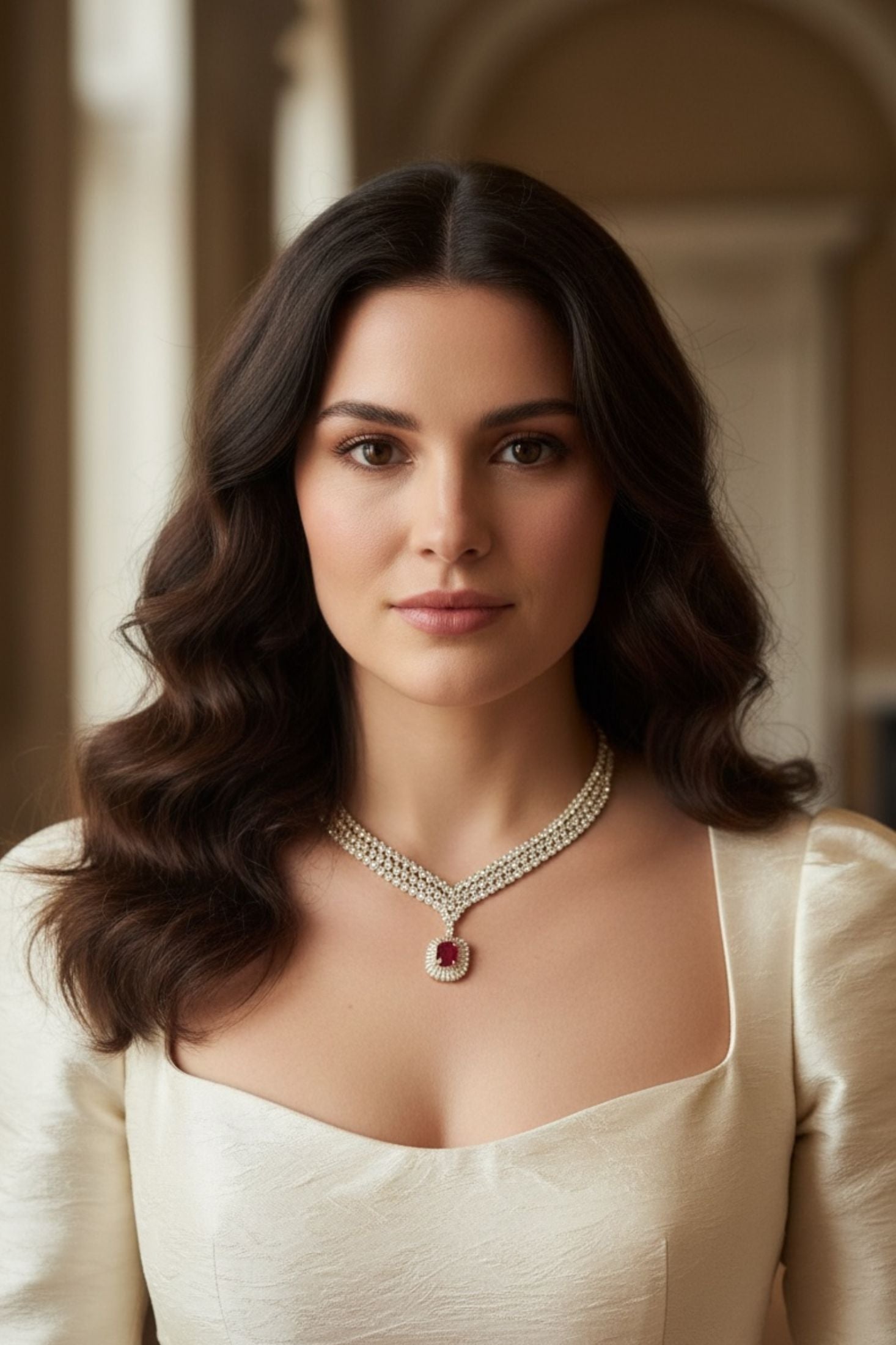 Gold statement necklace with a central ruby gemstone worn by a model