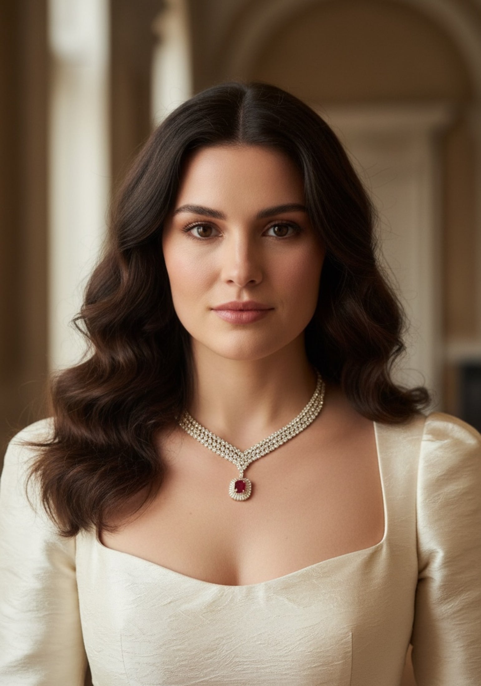 Gold statement necklace with a central ruby gemstone worn by a model