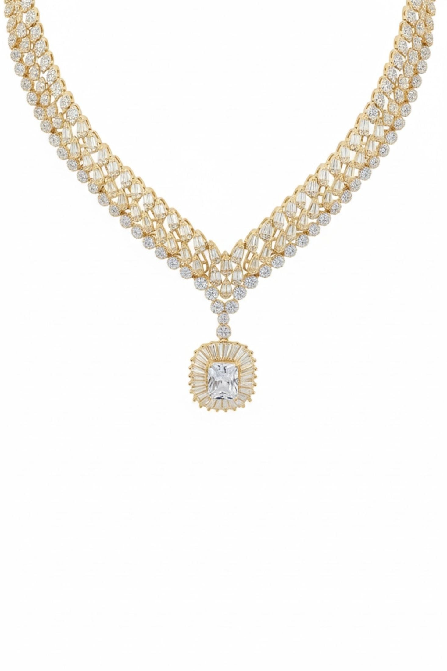 18k gold plated necklace with a moissanite centerpiece and simulated diamonds.