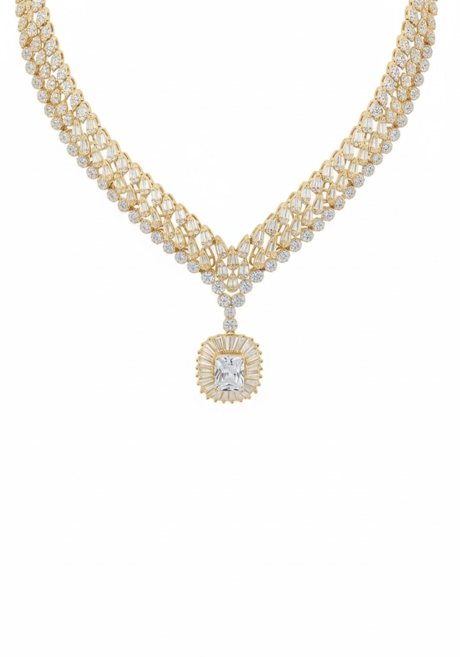 18k gold plated necklace with a moissanite centerpiece and simulated diamonds.