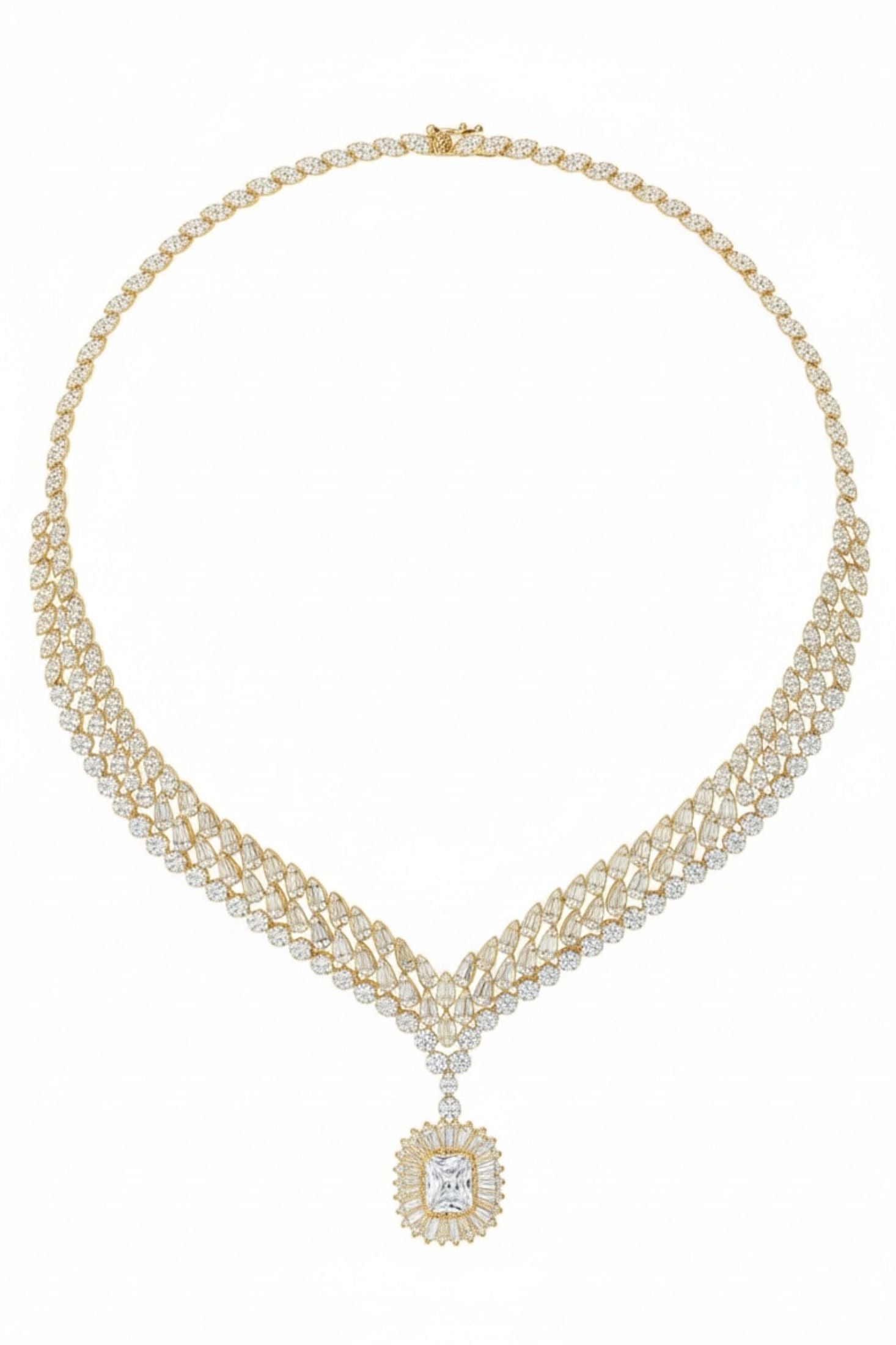 Full view showing the open box clasp and the chain of simulated diamonds leading up to it.
