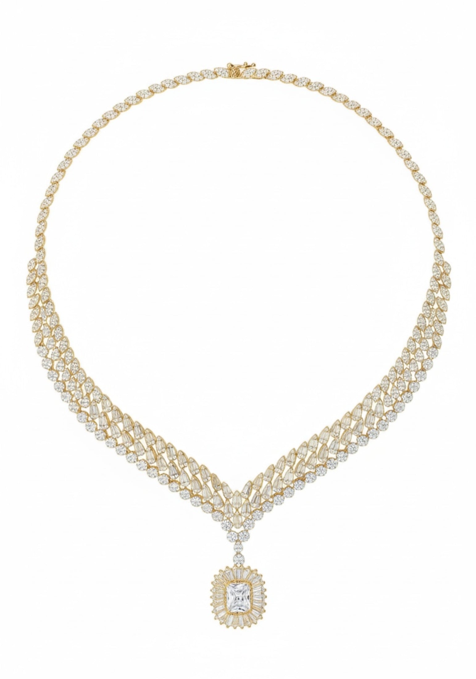 Full view showing the open box clasp and the chain of simulated diamonds leading up to it.