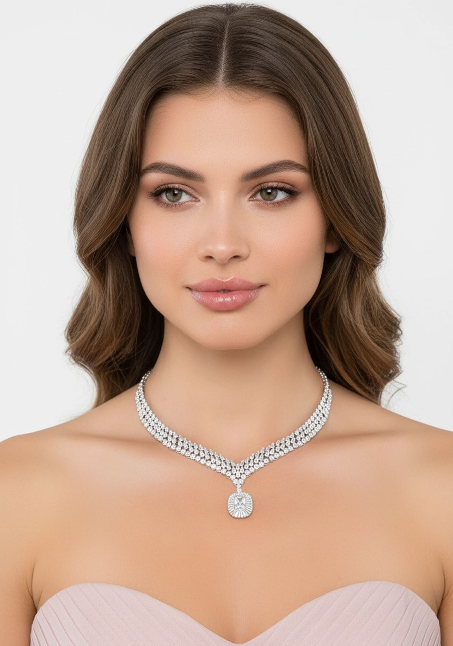 Woman wearing a sparkling statement necklace against a plain background