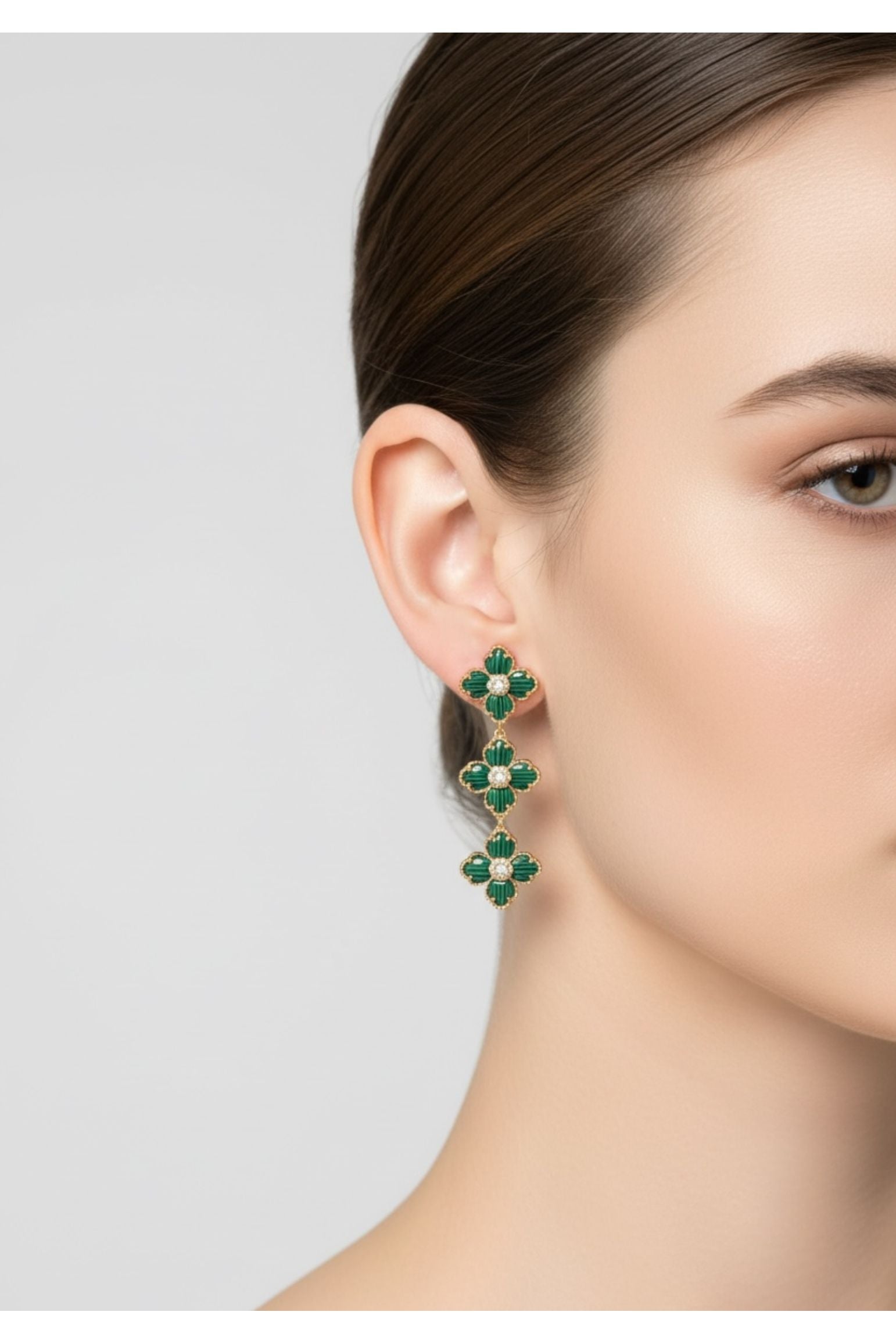 Flower Clover Triple Drop Earrings Malachite Gold