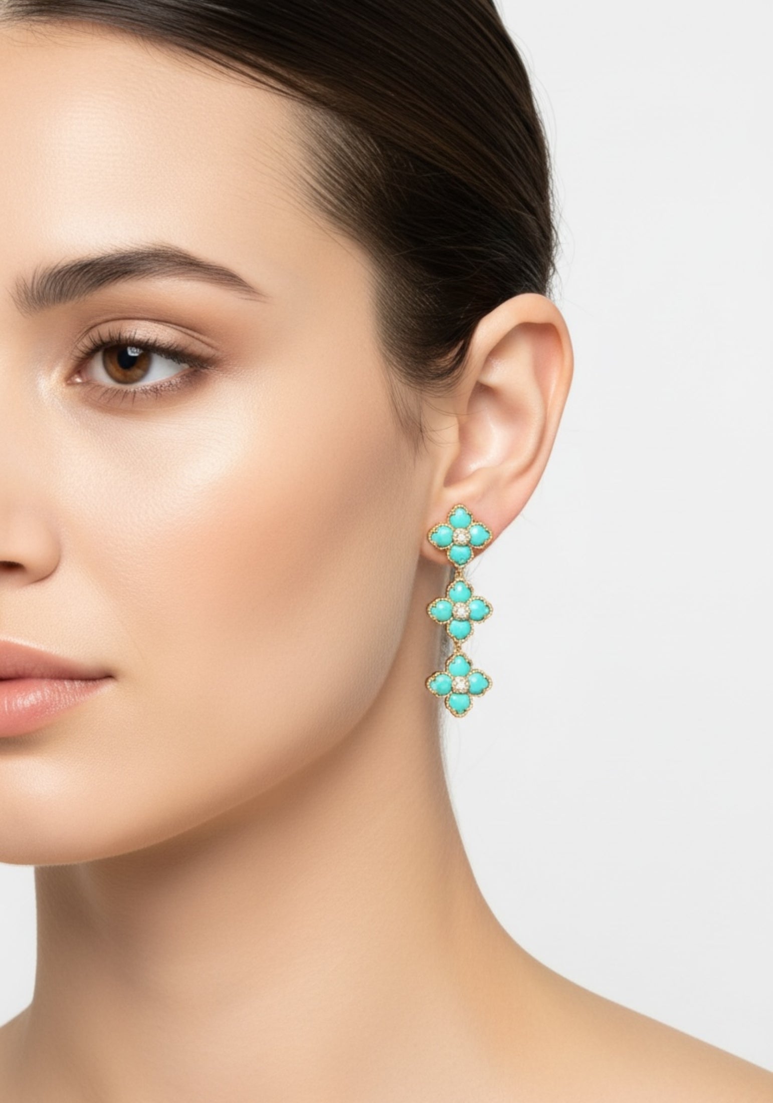 Flower Clover Triple Drop Earrings Arizona Turquoise Gold