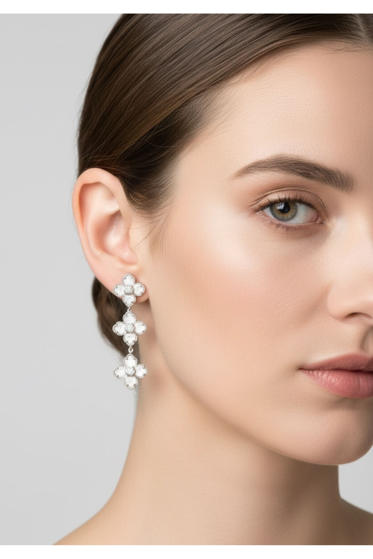 Flower Clover Triple Drop Earrings Mother Of Pearl Silver