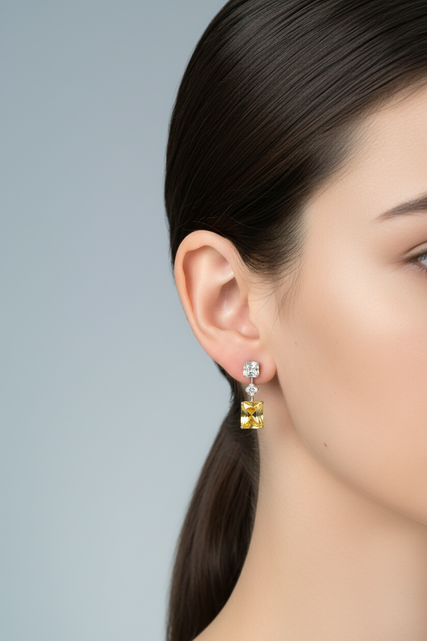 Close-up of a woman wearing a yellow gemstone earring against a gray background