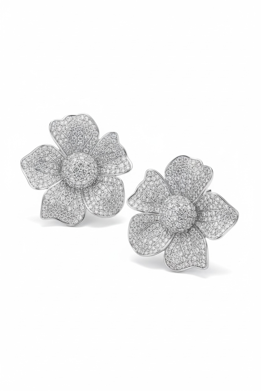 Pansy Flower White Large Stud Earrings Silver