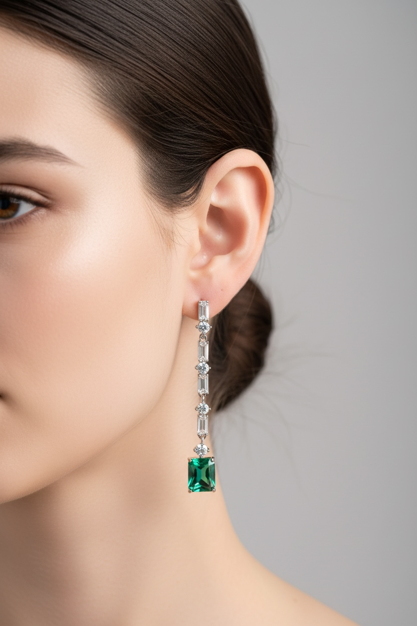 Close-up of a woman wearing a green gemstone earring against a neutral background