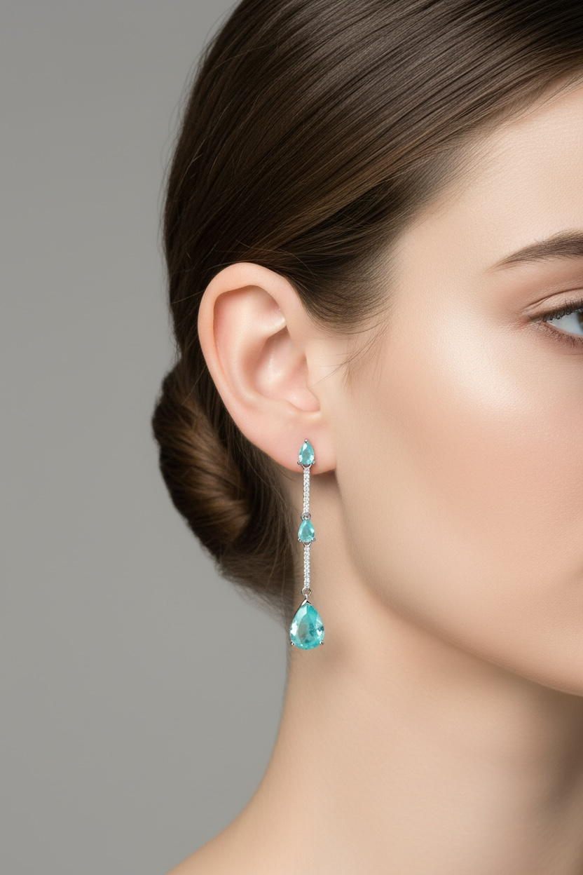 Close-up of a woman wearing turquoise drop earrings against a neutral background