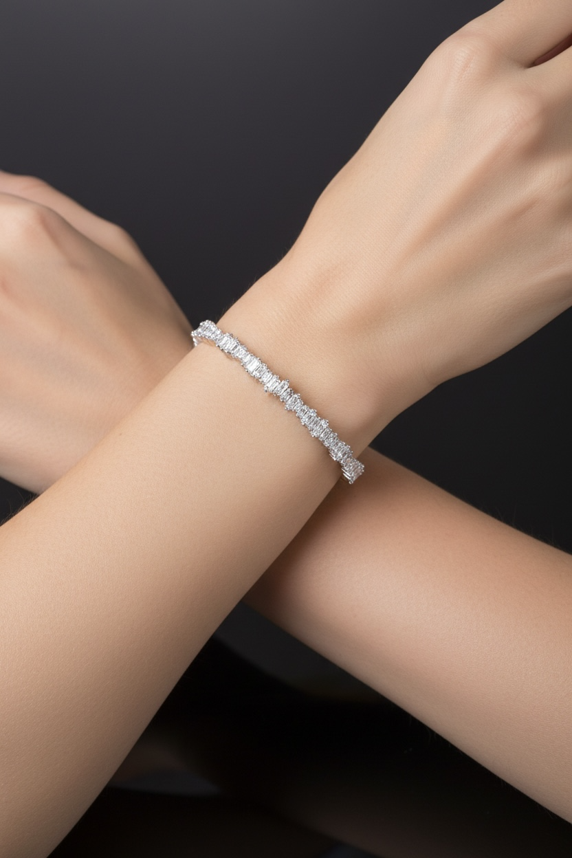Baguette Ice Cuff Bangle Silver White
